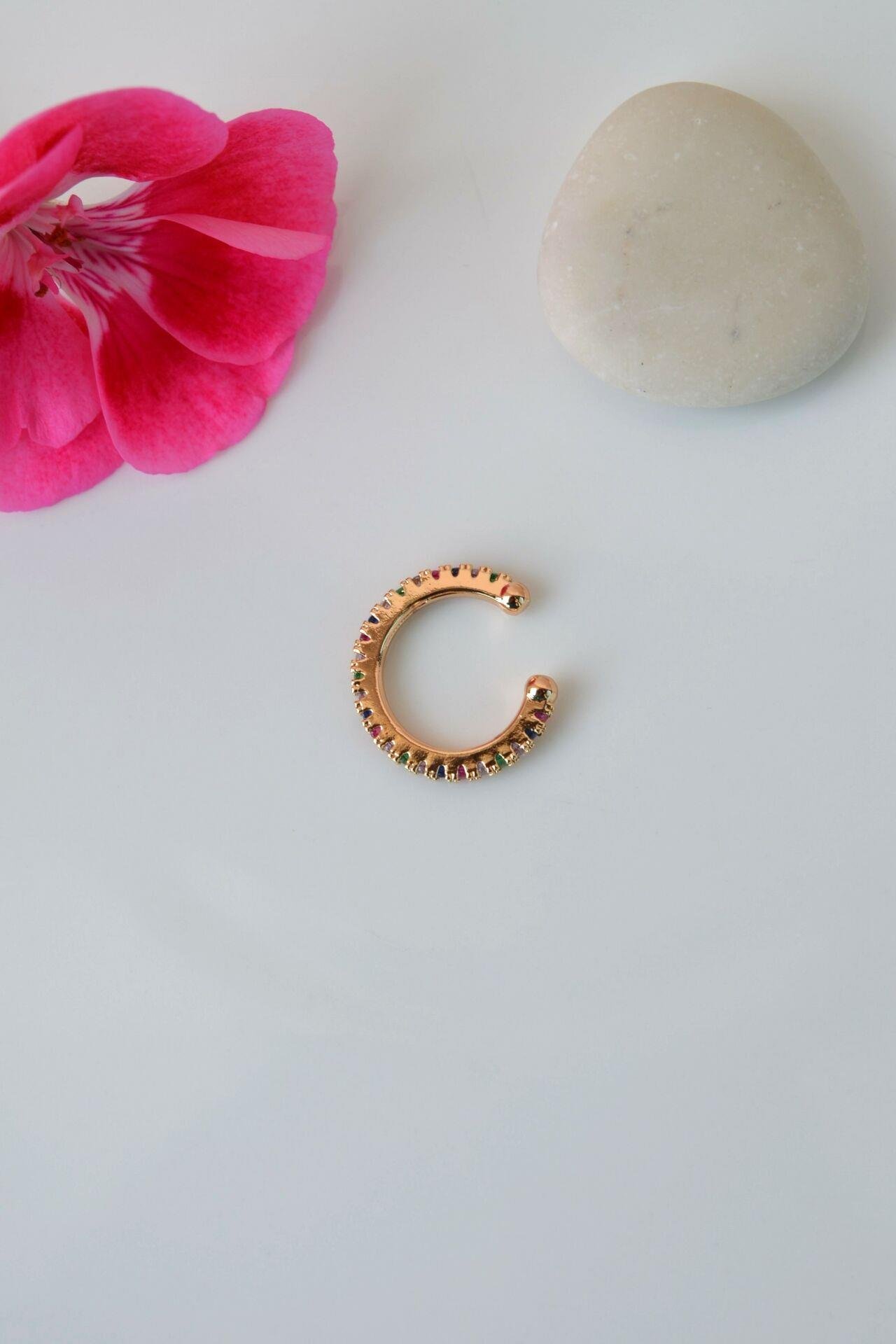 Multicolor Çok Renkli İnce Taşlı Earcuff Sıkıştırmalı Kıkırdak Küpesi