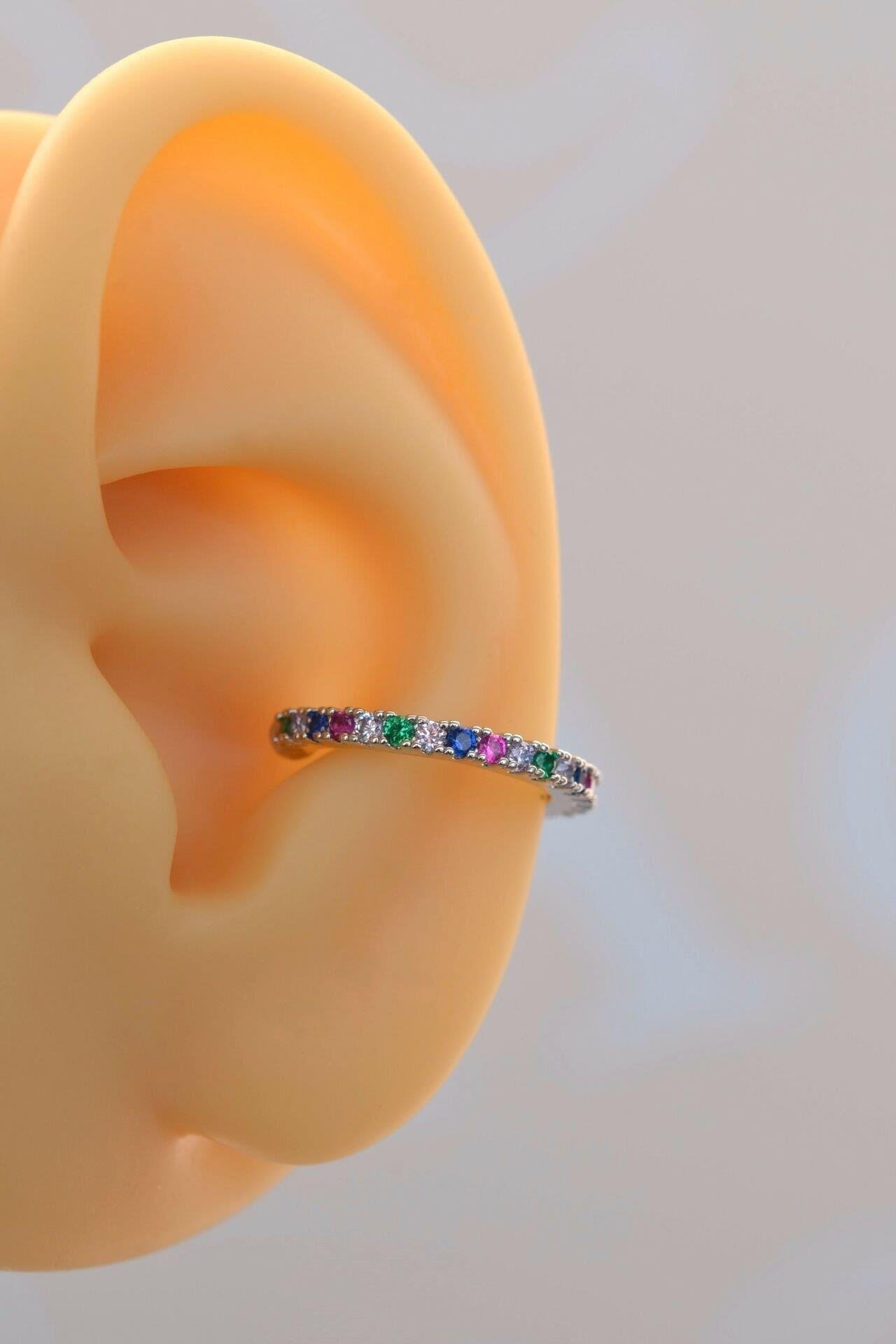 Multicolor Çok Renkli İnce Taşlı Earcuff Sıkıştırmalı Kıkırdak Küpesi Gümüş Renk