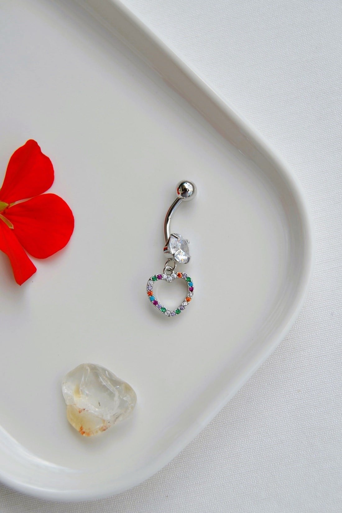 Multicolor Çok Renkli Kalp Sallantılı Çelik Göbek Piercingi Gümüş Renk