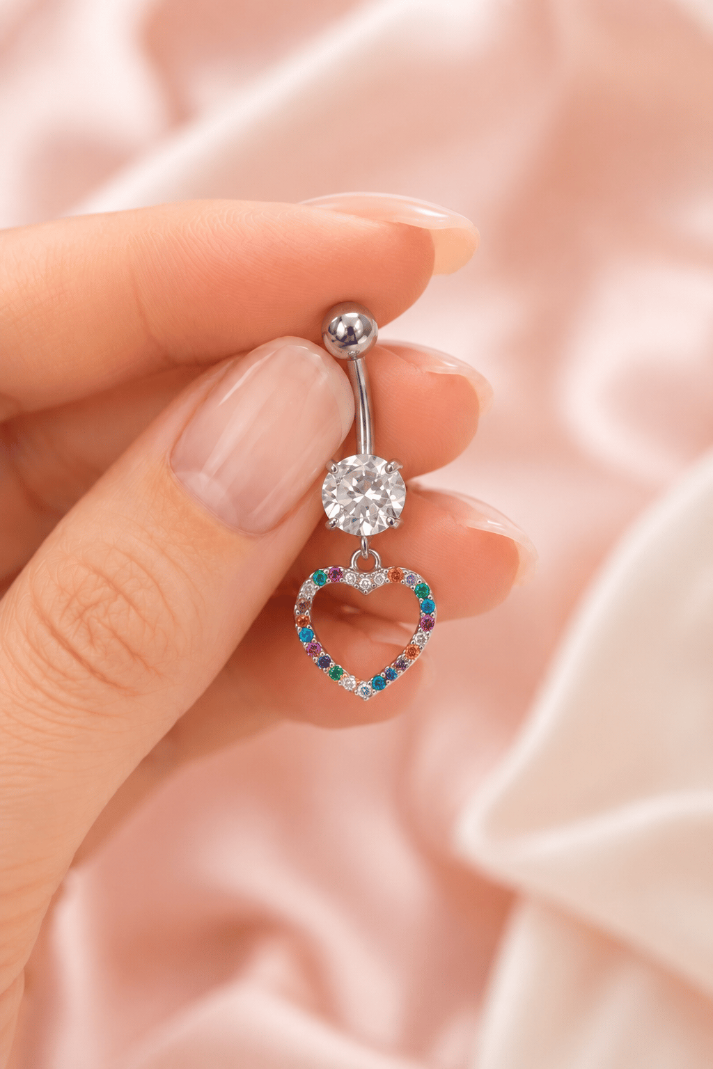 Multicolor Çok Renkli Kalp Sallantılı Çelik Göbek Piercingi Gümüş Renk