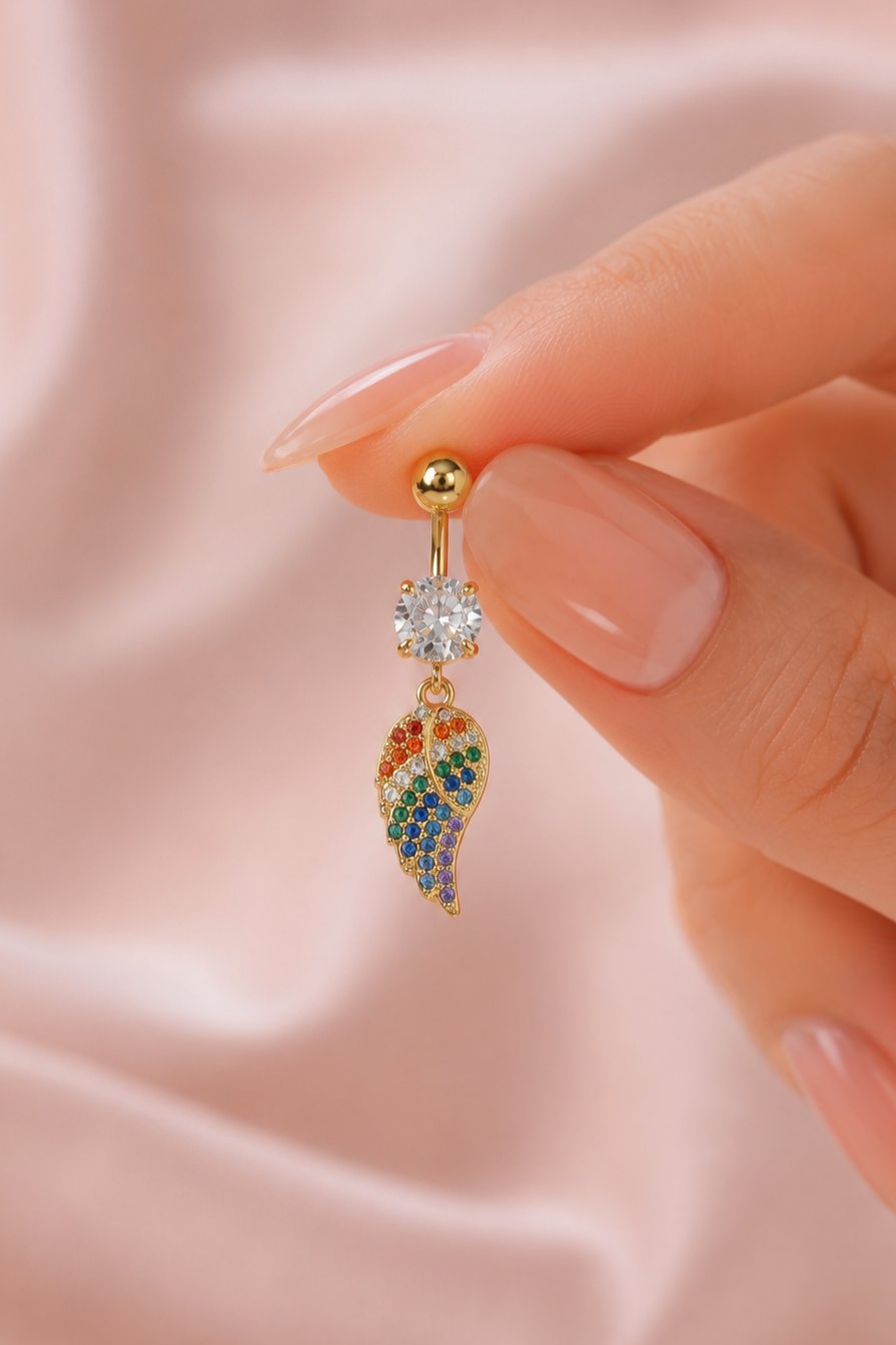 Multicolor Çok Renkli Melek Kanadı Sallantılı Çelik Göbek Piercingi Gold Renk
