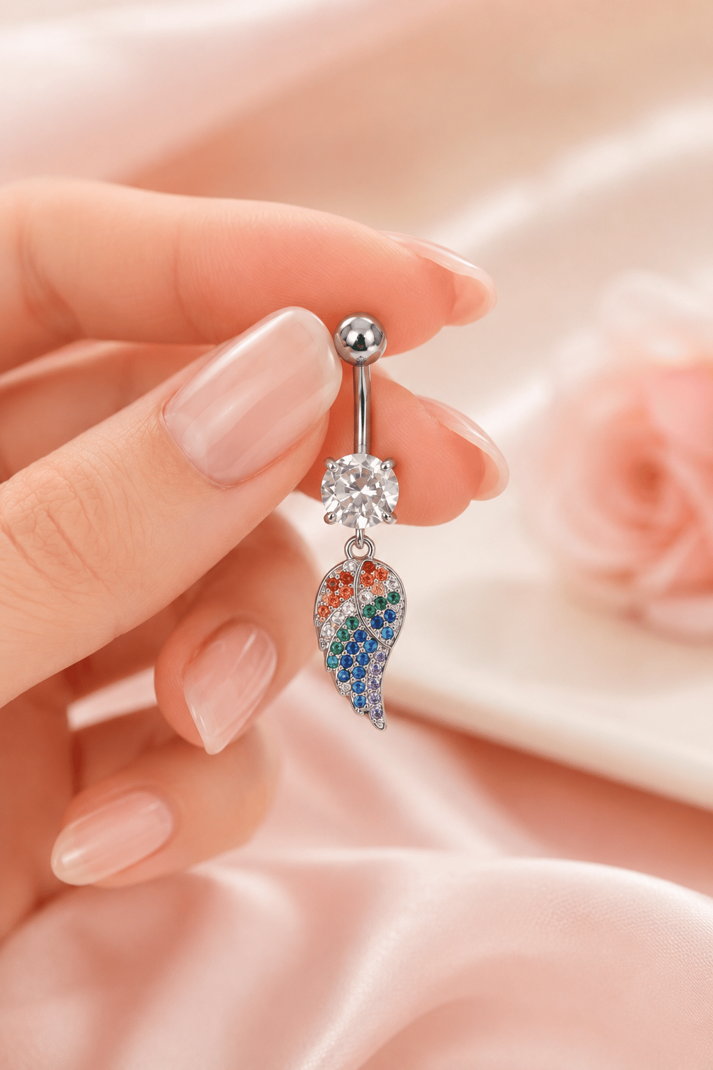 Multicolor Çok Renkli Melek Kanadı Sallantılı Çelik Göbek Piercingi Gümüş Renk