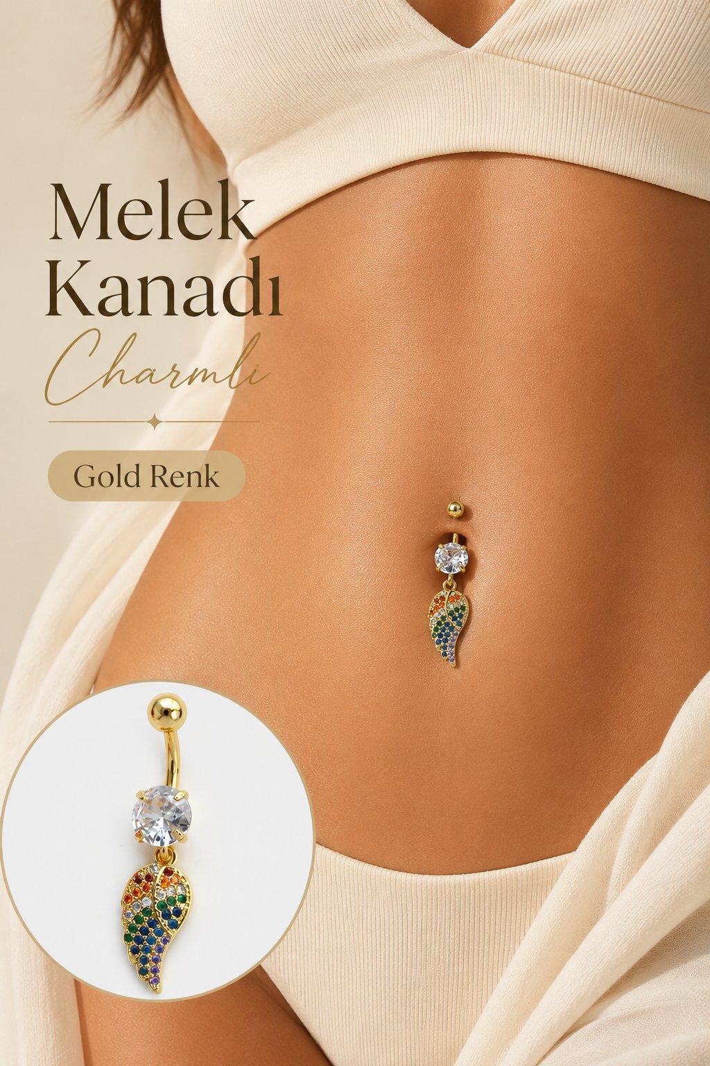 Multicolor Çok Renkli Melek Kanadı Sallantılı Çelik Göbek Piercingi Gold Renk