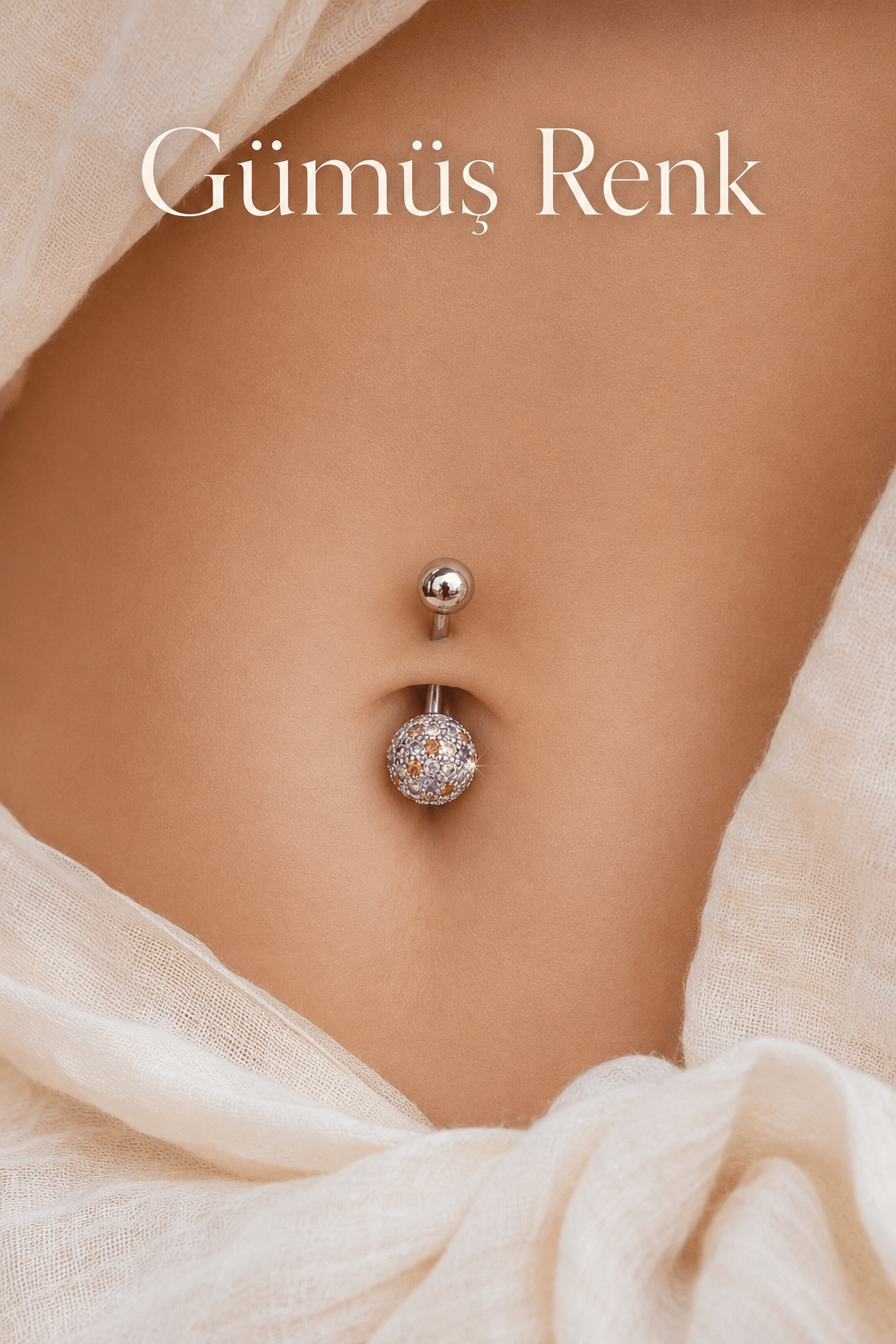 Multicolor Çok Renkli Taşlı Toplu Çelik Göbek Piercingi Gümüş Renk