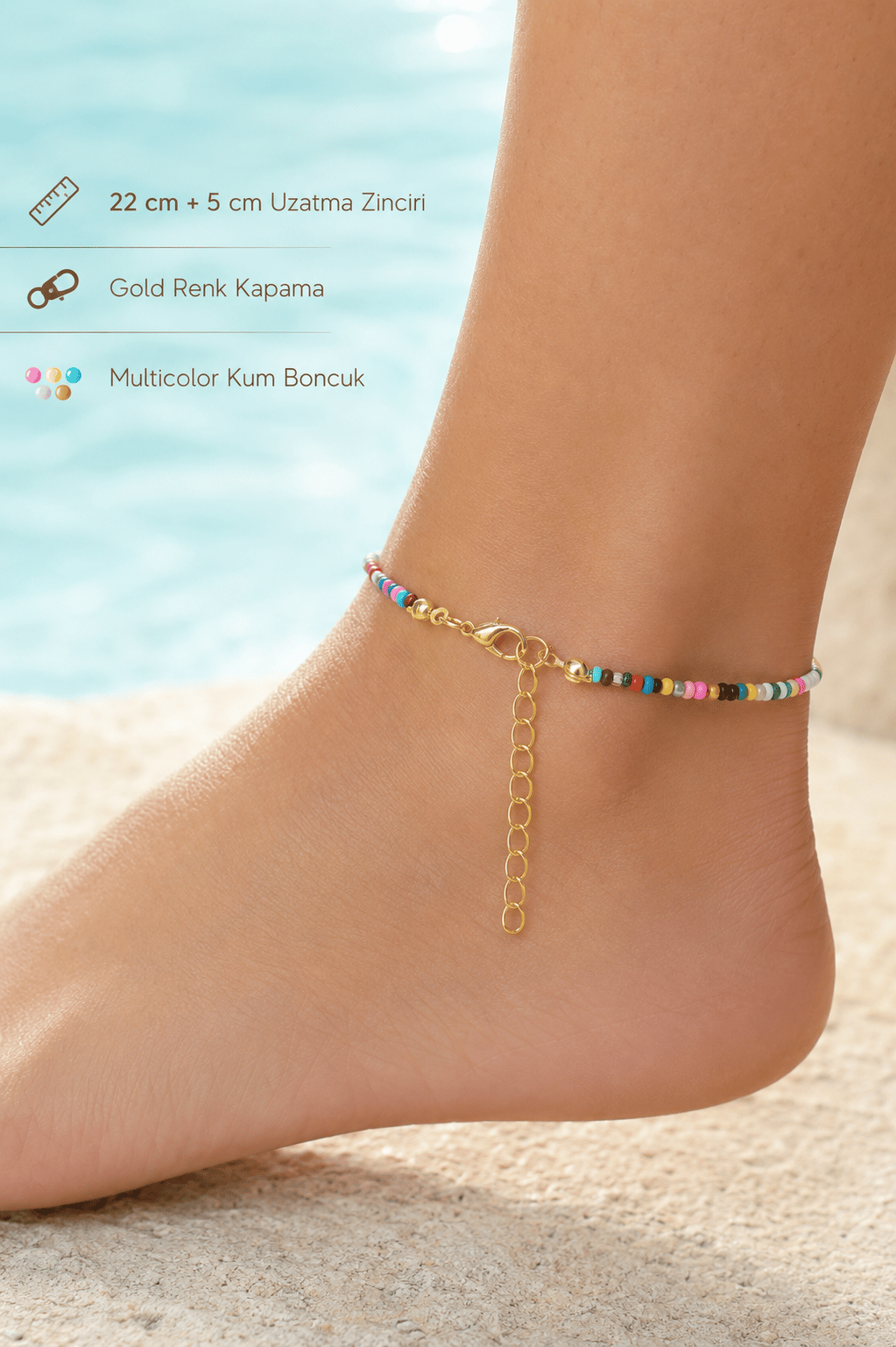 Multicolor Kum Boncuk Halhal Ayarlanabilir Gold Renk Kapamalı Yazlık Halhal