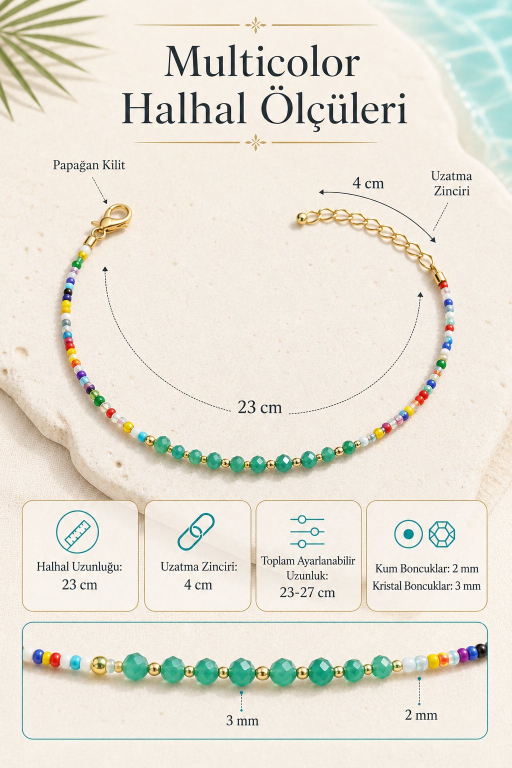 Multicolor Renkli Boncuk Halhal Havuz Deniz Kullanıma Uygun Yazlık Halhal