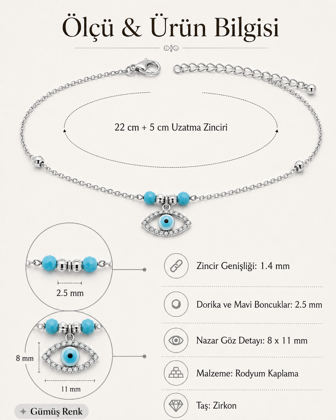 Nazar Göz Detaylı Zirkon Taşlı Halhal İnce Zincirli Ayarlanabilir