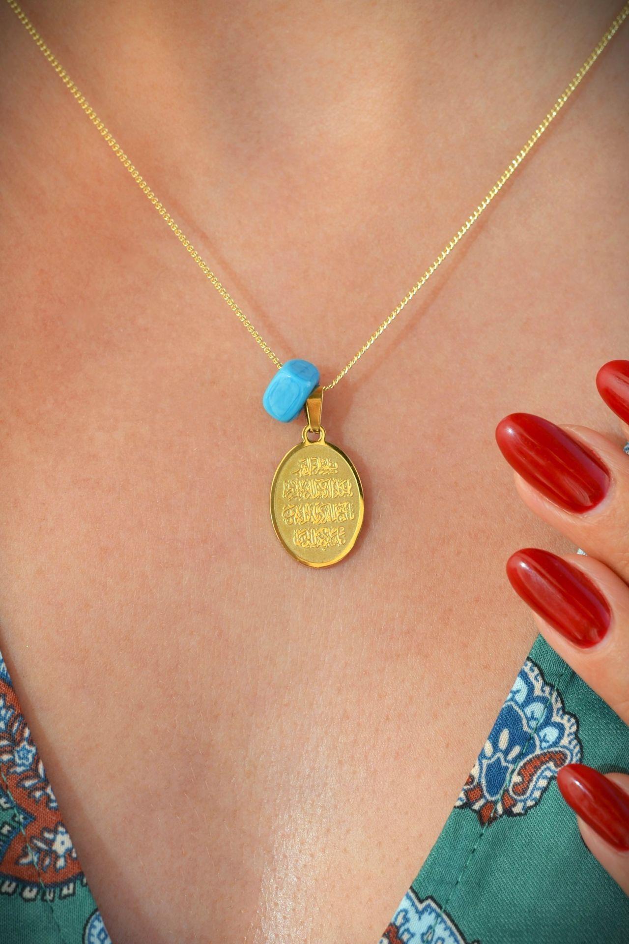 Oval Mavi Boncuklu Nazar Dualı Kolye Plaka Kolye