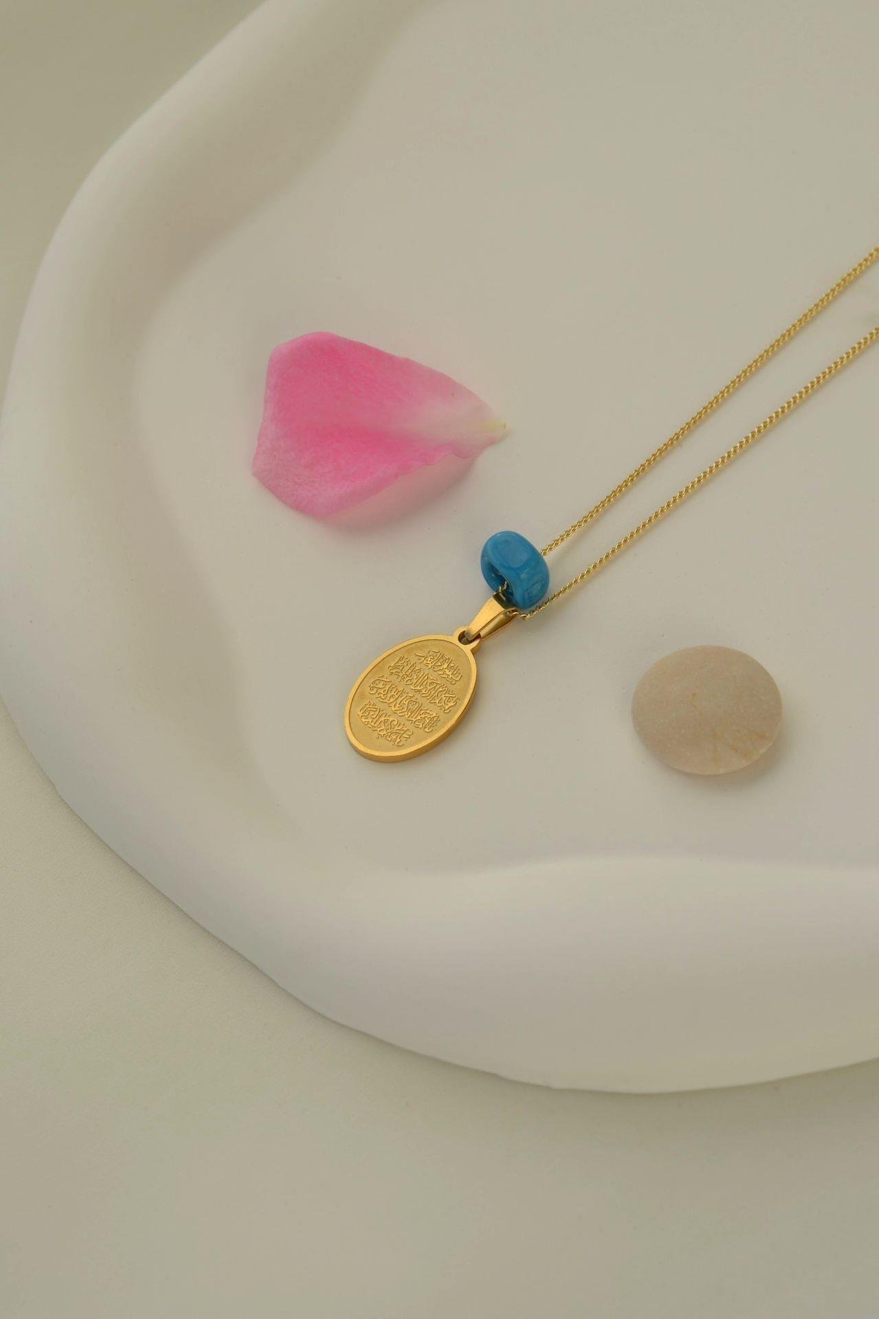 Oval Mavi Boncuklu Nazar Dualı Kolye Plaka Kolye