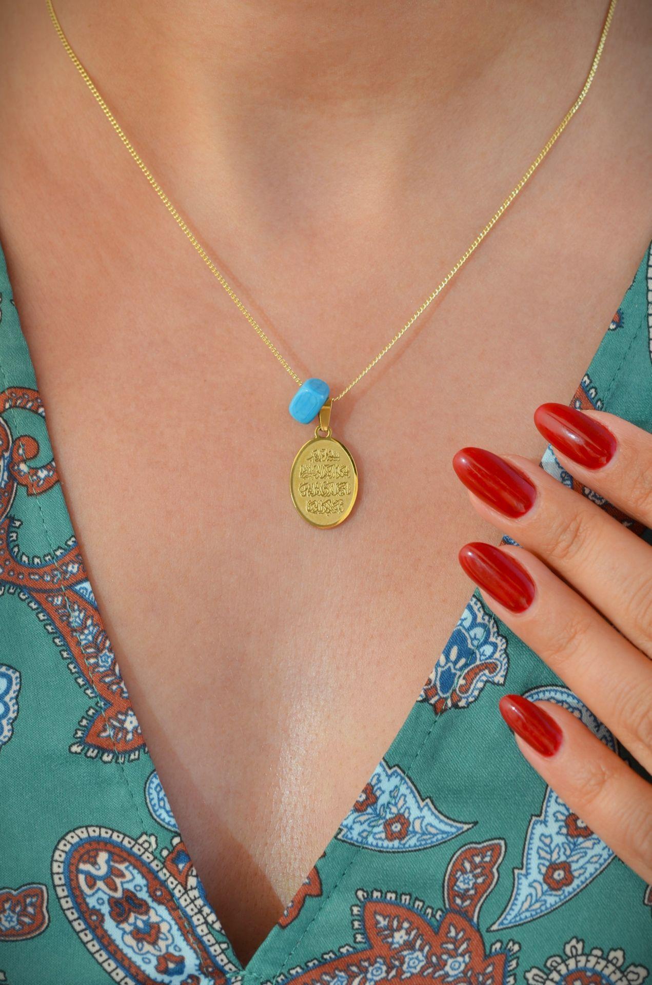 Oval Mavi Boncuklu Nazar Dualı Kolye Plaka Kolye