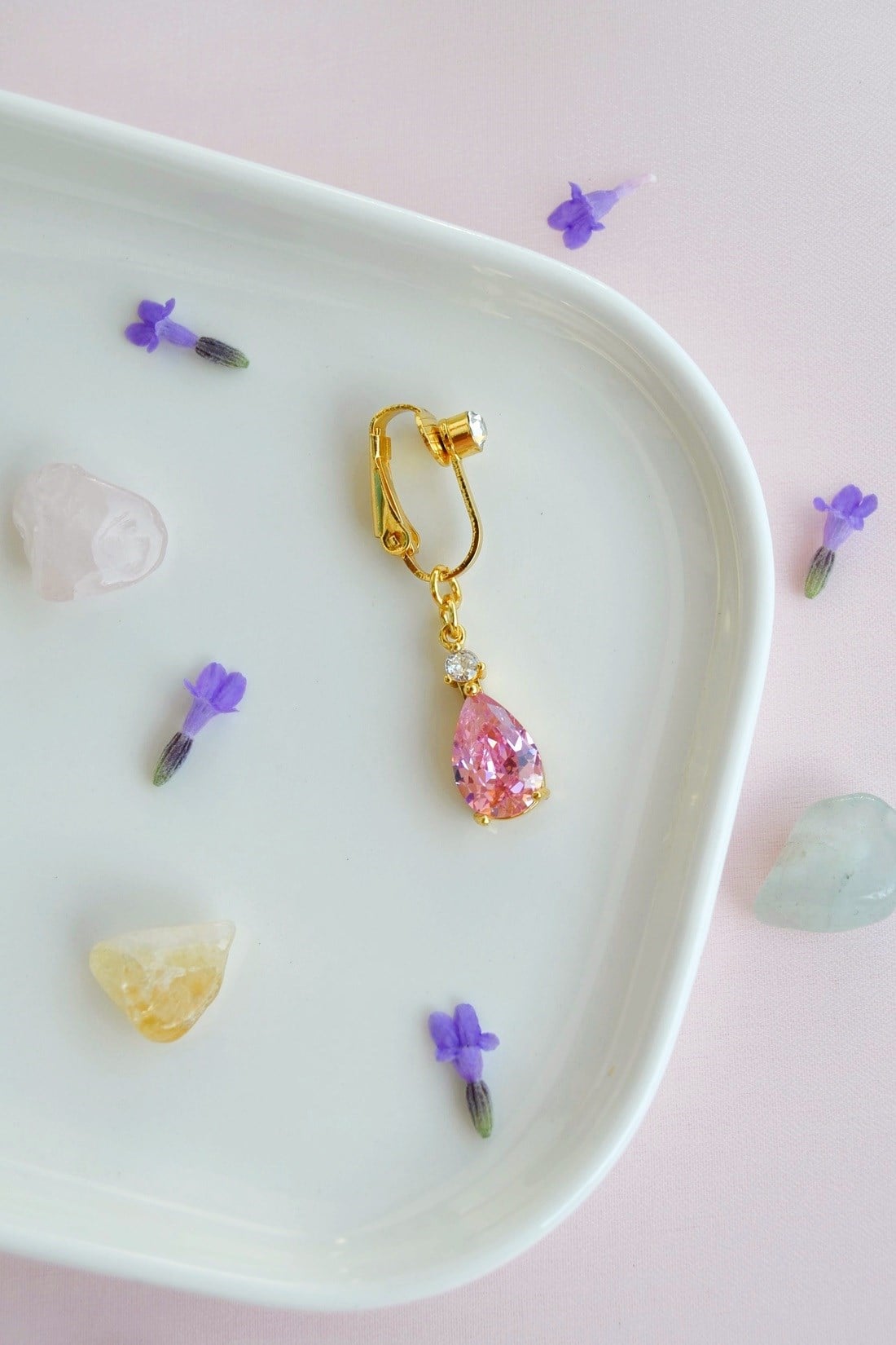 Pembe Damla Taşlı Klipsli Göbek Piercingi Deliksiz Zirkon Çelik