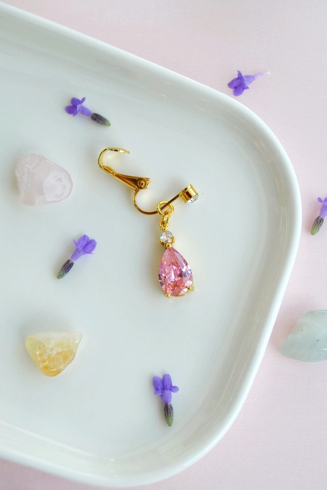Pembe Damla Taşlı Klipsli Göbek Piercingi Deliksiz Zirkon Çelik