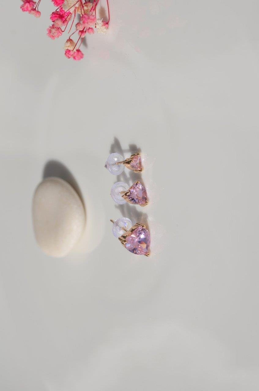 Pembe Kalpli Üçlü Küpe Seti Gold Rengi