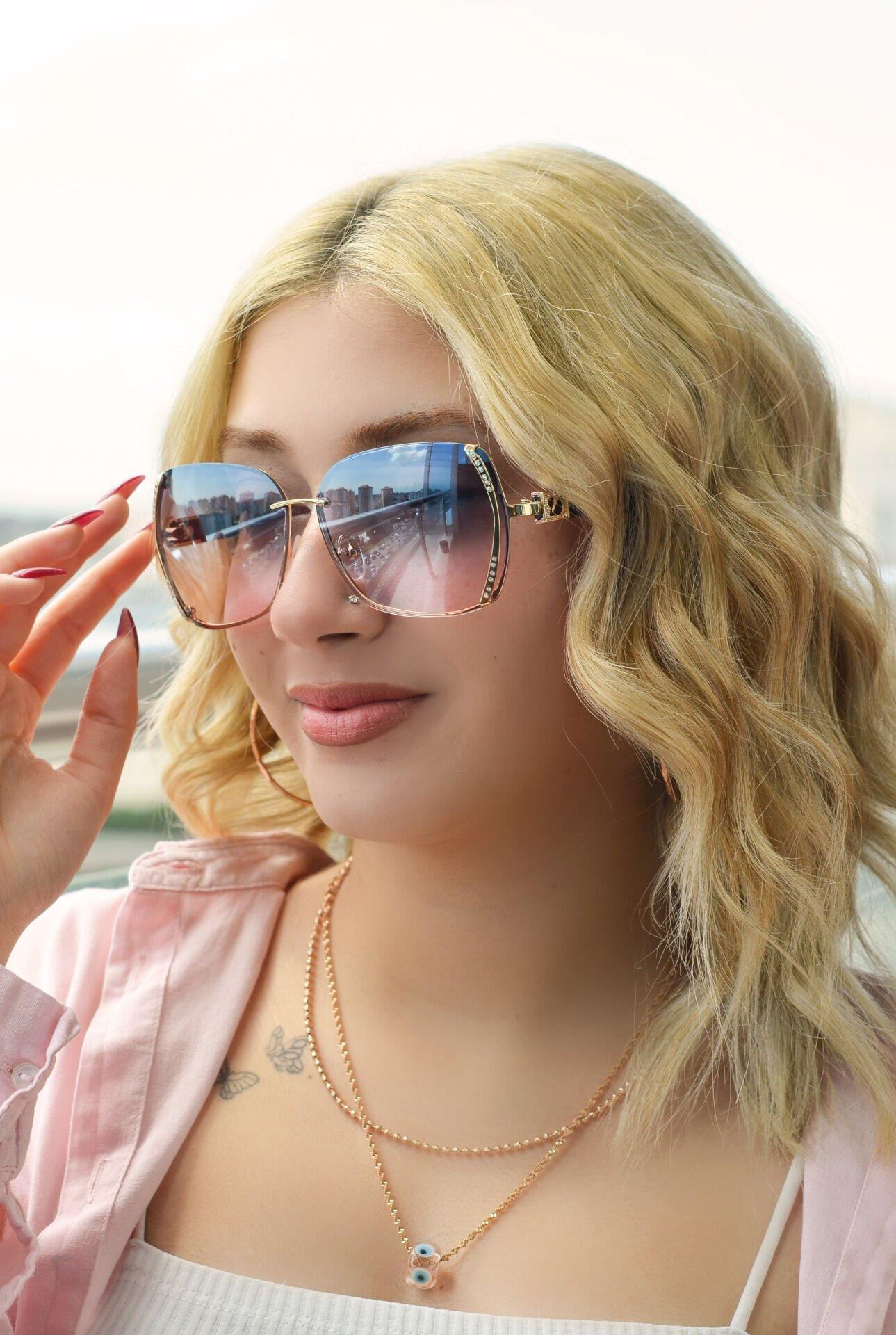 Pembe Siyah Geçişli Taşlı Güneş Gözlüğü