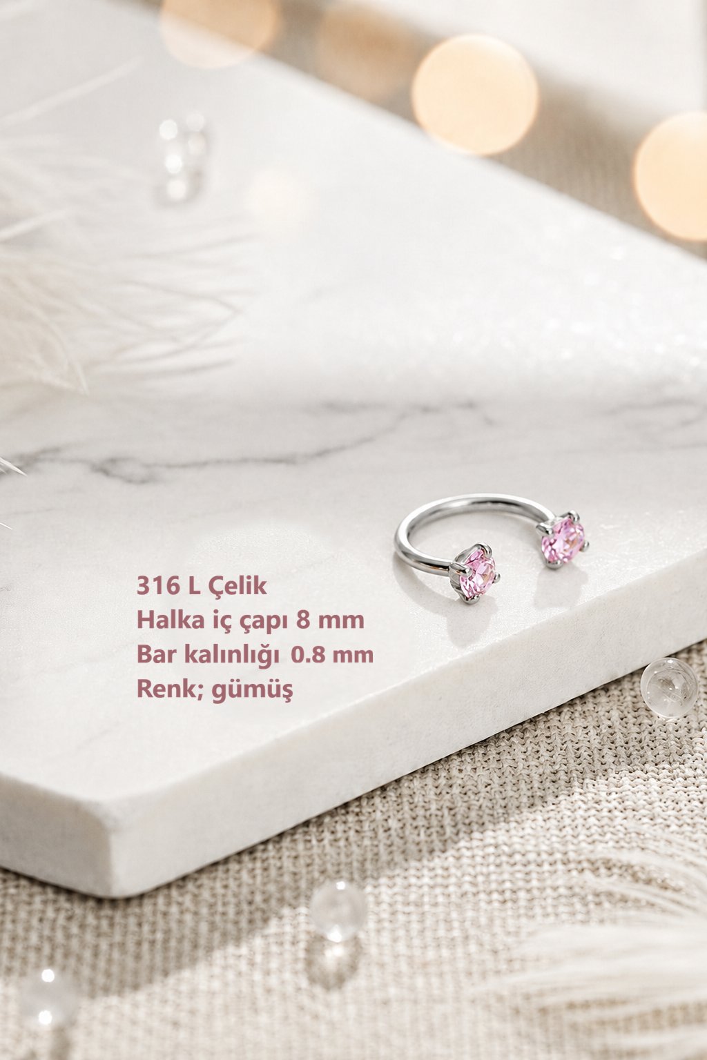 Pembe Taşlı Yarım Halka Piercing 316L Çelik Burun Hızması Helix Tragus