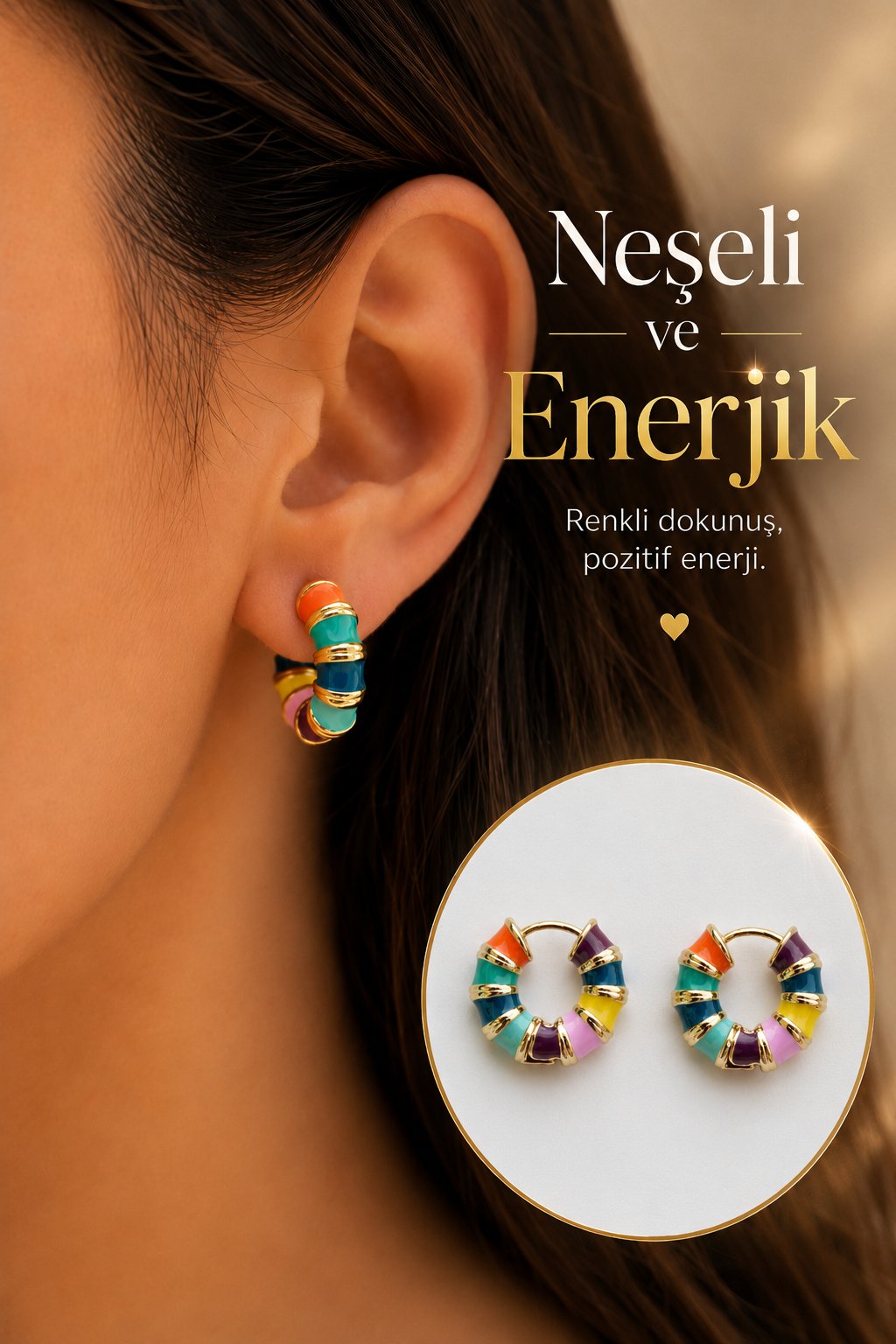 Renkli Mineli Bombeli Çelik Halka Küpe