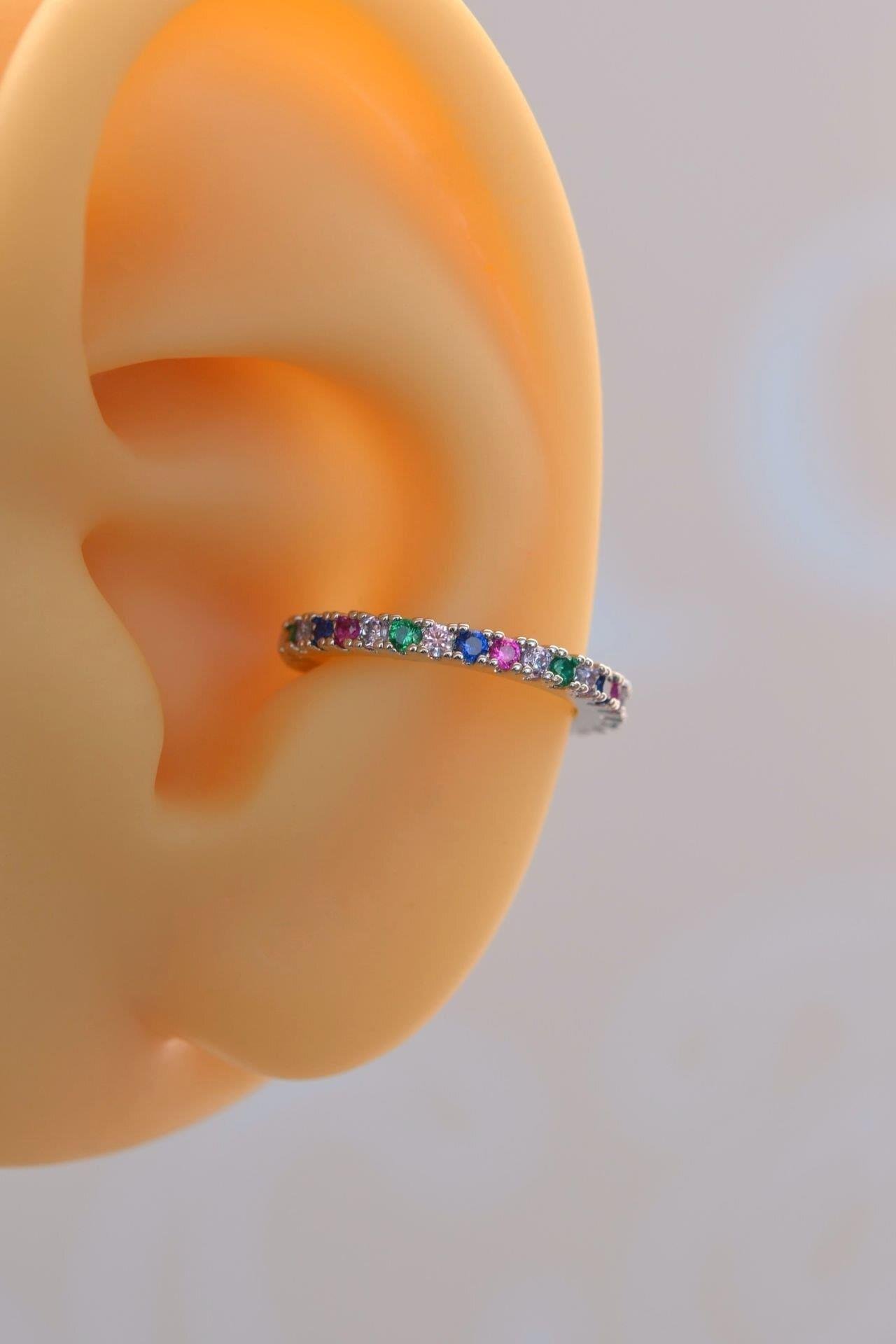 Renkli Taşlı Earcuff Renkli Sıkıştırmalı Kıkırdak Küpe