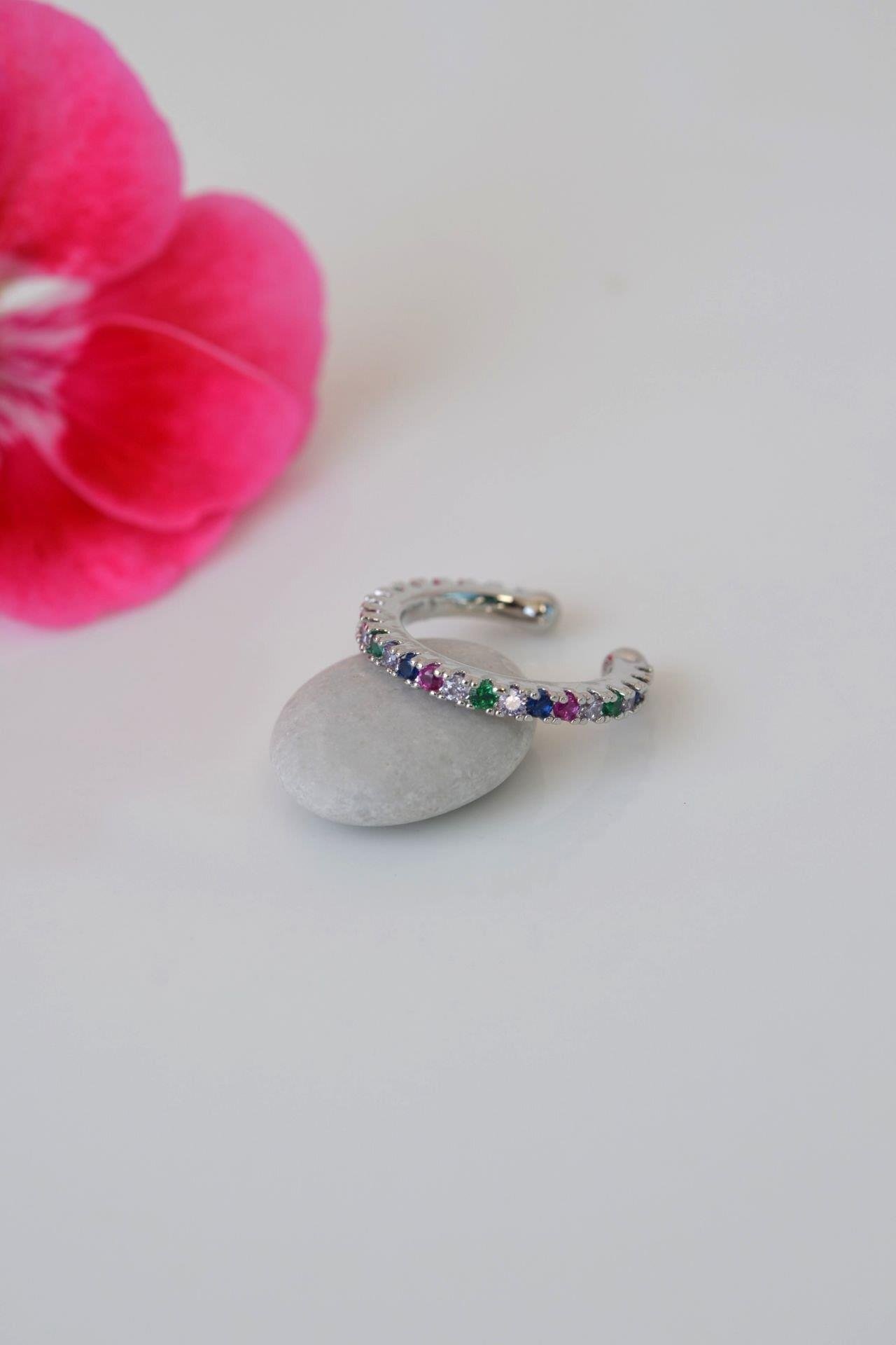 Renkli Taşlı Earcuff Renkli Sıkıştırmalı Kıkırdak Küpe