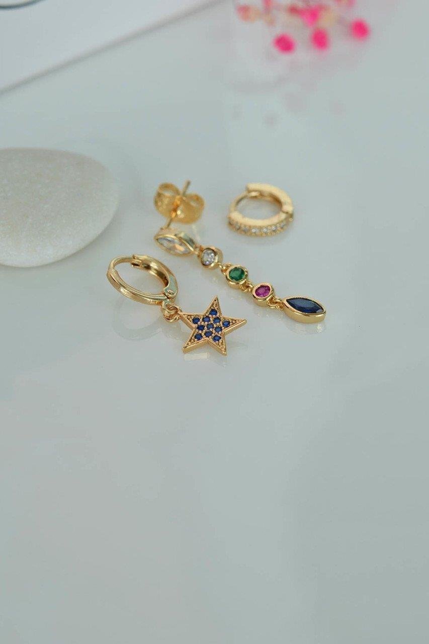 Renkli Yıldızlı 3'lü Set Küpe