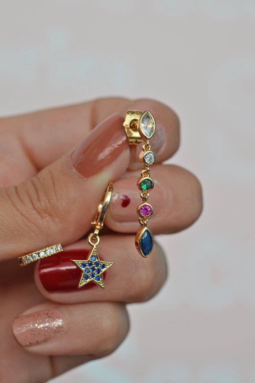 Renkli Yıldızlı 3'lü Set Küpe