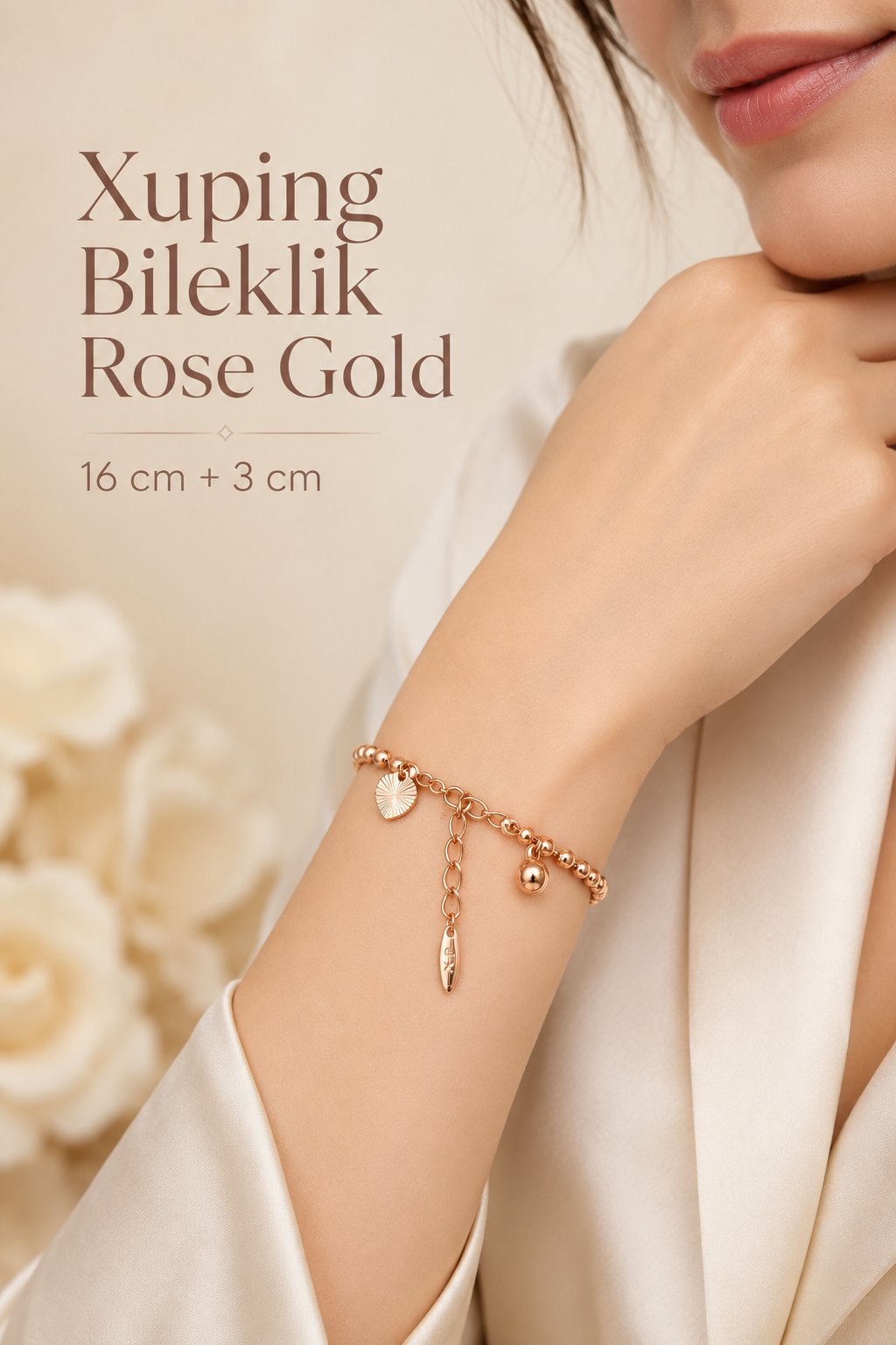 Rose Gold Dorika Topçuklu Kadın Bileklik 16 cm + 3 cm