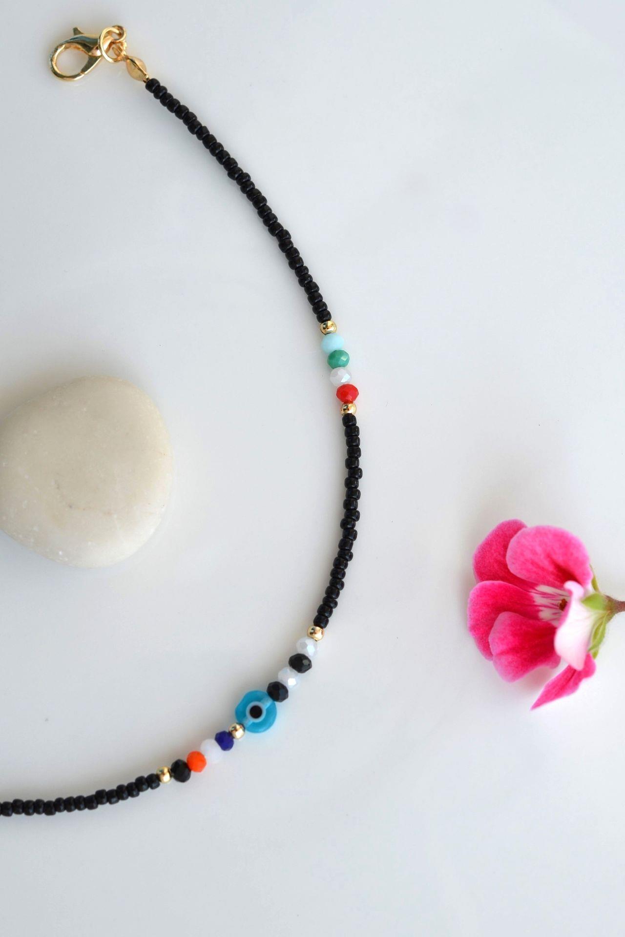 Siyah Kum Boncuklu Halhal Küçük Nazar Boncuklu Halhal