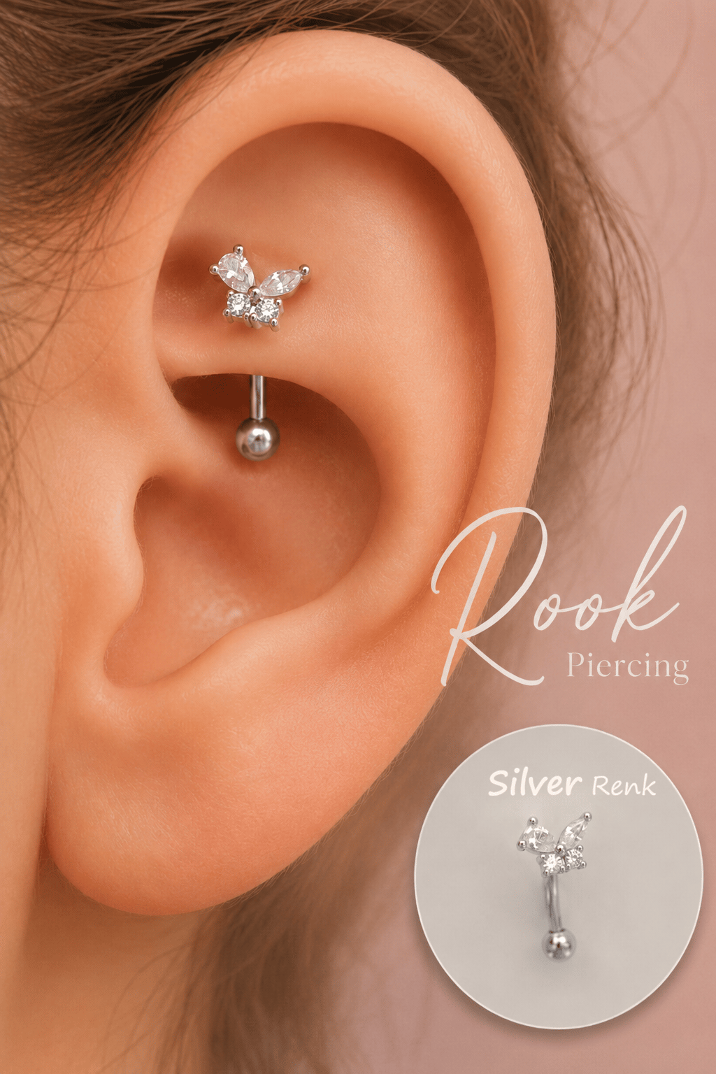 Taşlı Kelebekli Çelik Rook Piercing Daith Helix Kaş Göbek Lob Uyumlu Piercing