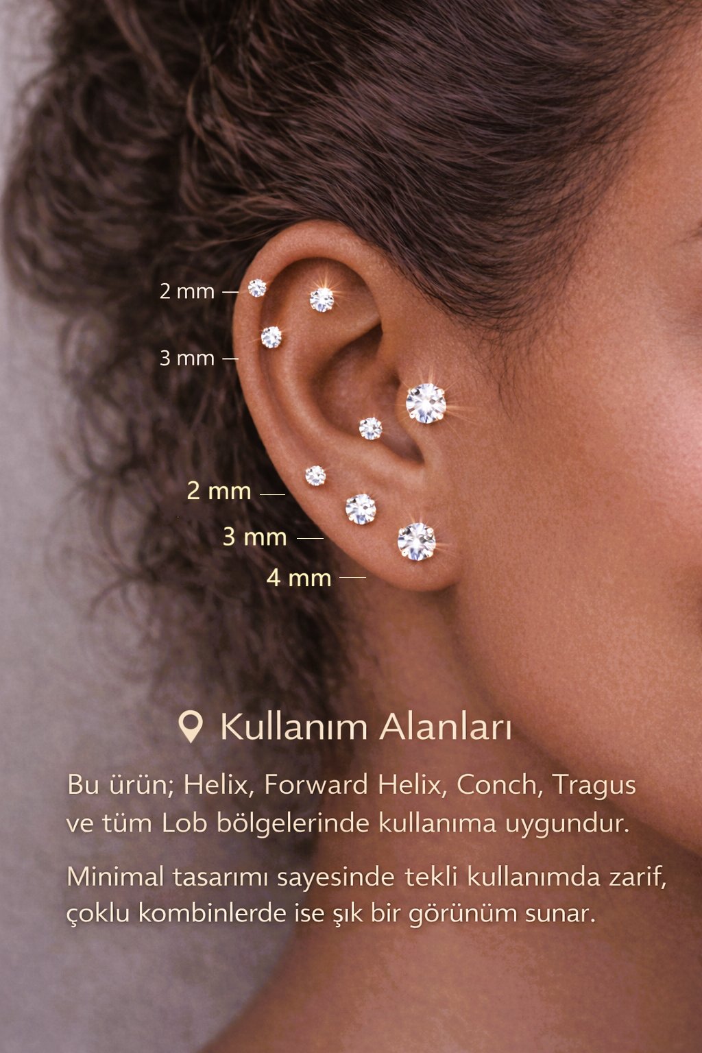 Tektaş Çelik Piercing Tragus Helix Kıkırdak 6 Mm Gold Renkli