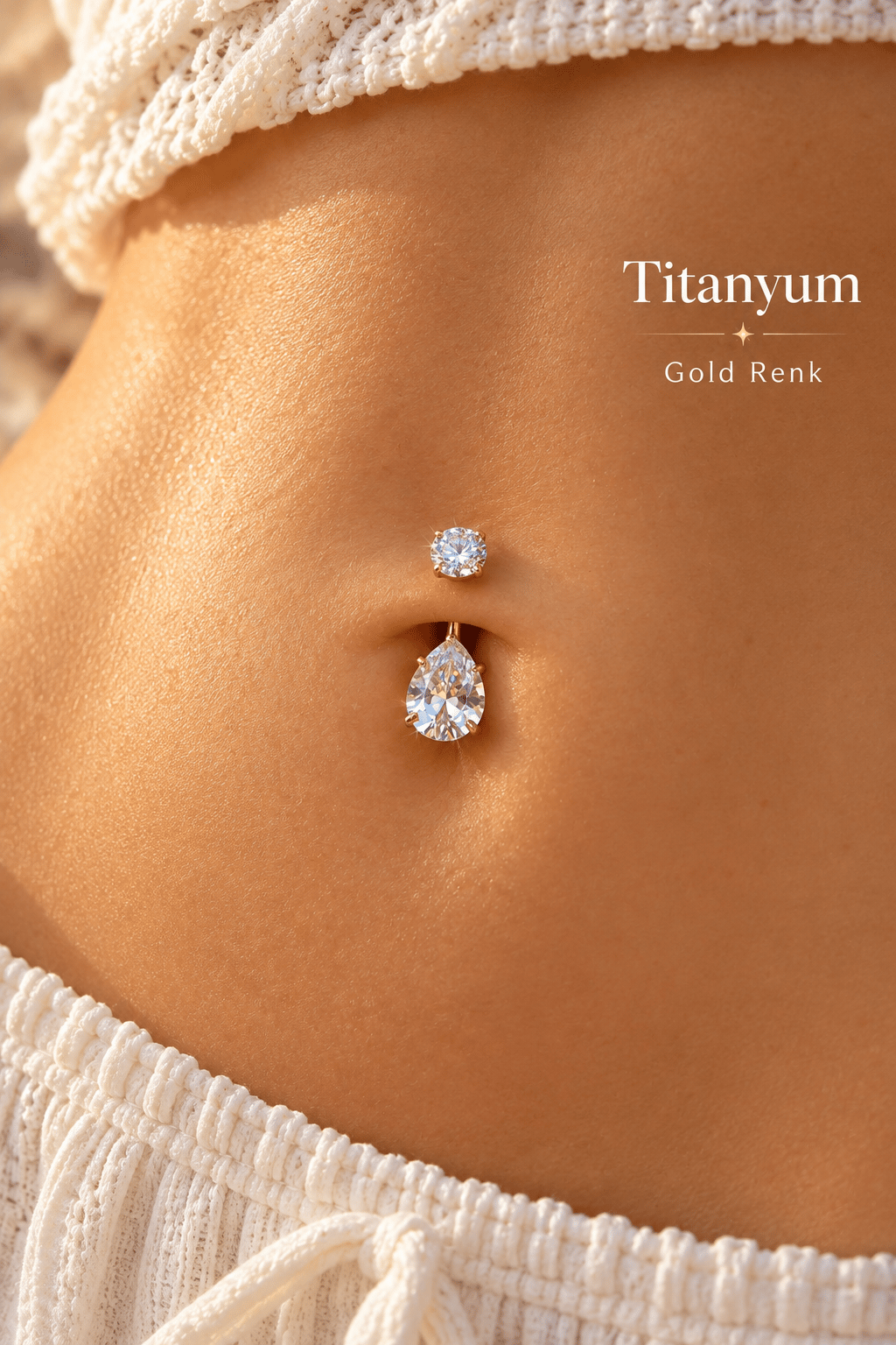Titanyum Damla Taşlı Göbek Piercingi – Işıltılı Zirkon Tektaş