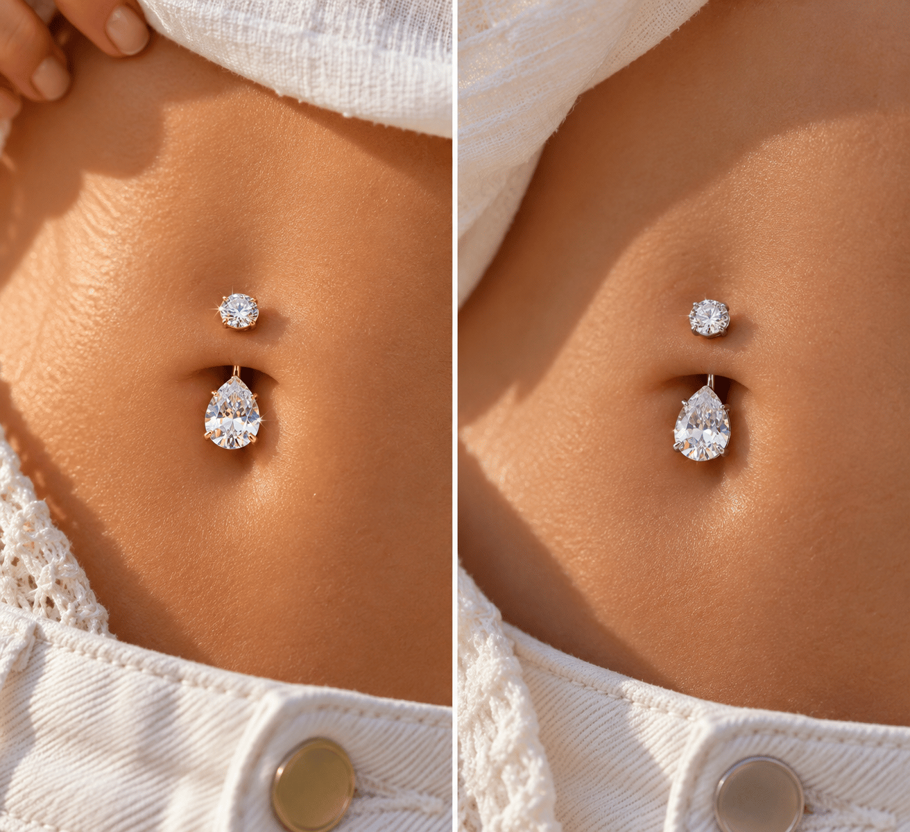 Titanyum Damla Taşlı Göbek Piercingi – Işıltılı Zirkon Tektaş