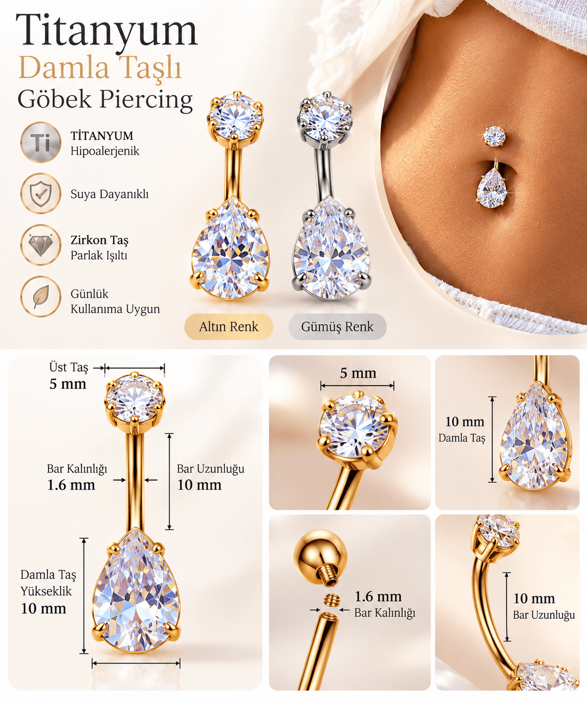 Titanyum Damla Taşlı Göbek Piercingi – Işıltılı Zirkon Tektaş