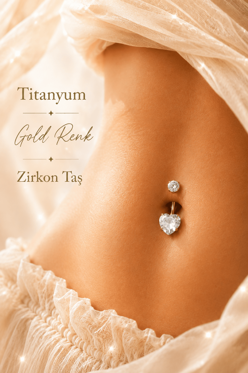 Titanyum Kalp Zirkon Taşlı Göbek Piercing