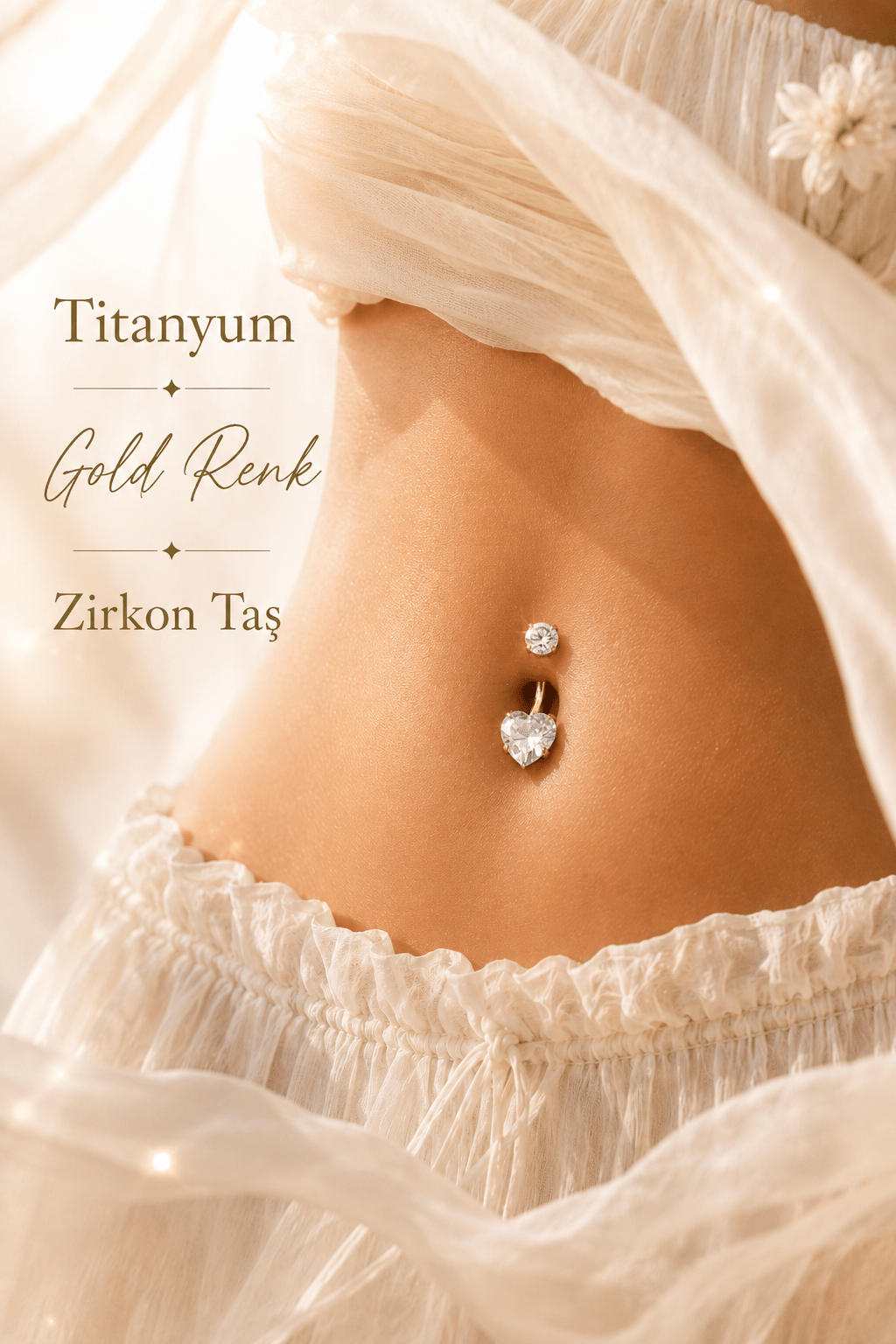 Titanyum Kalp Zirkon Taşlı Göbek Piercing