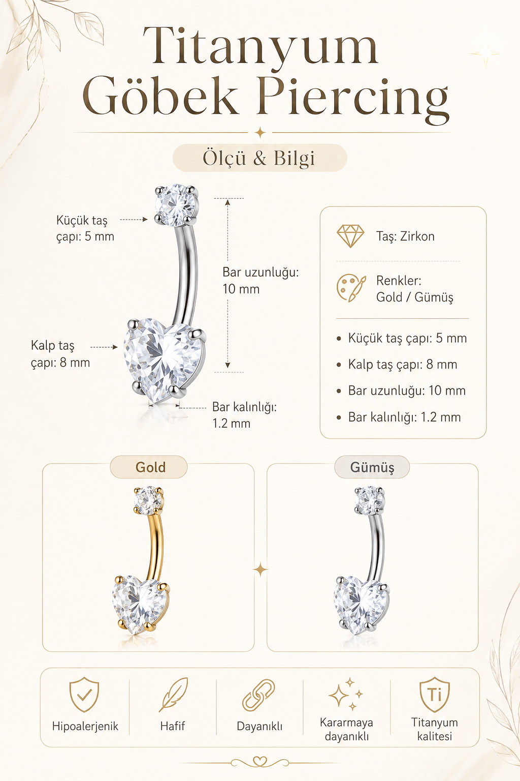 Titanyum Kalp Zirkon Taşlı Göbek Piercing