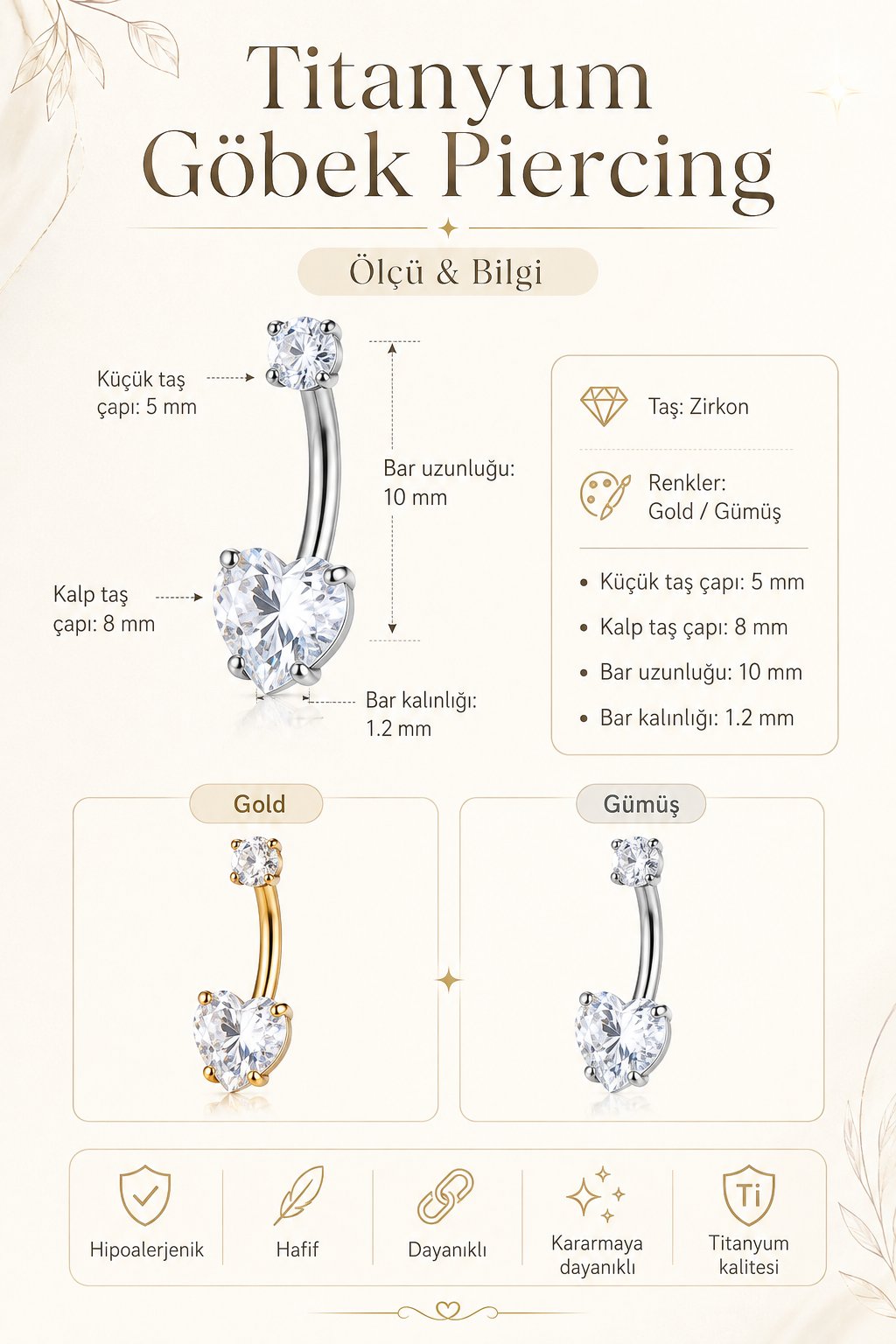 Titanyum Kalp Zirkon Taşlı Göbek Piercing