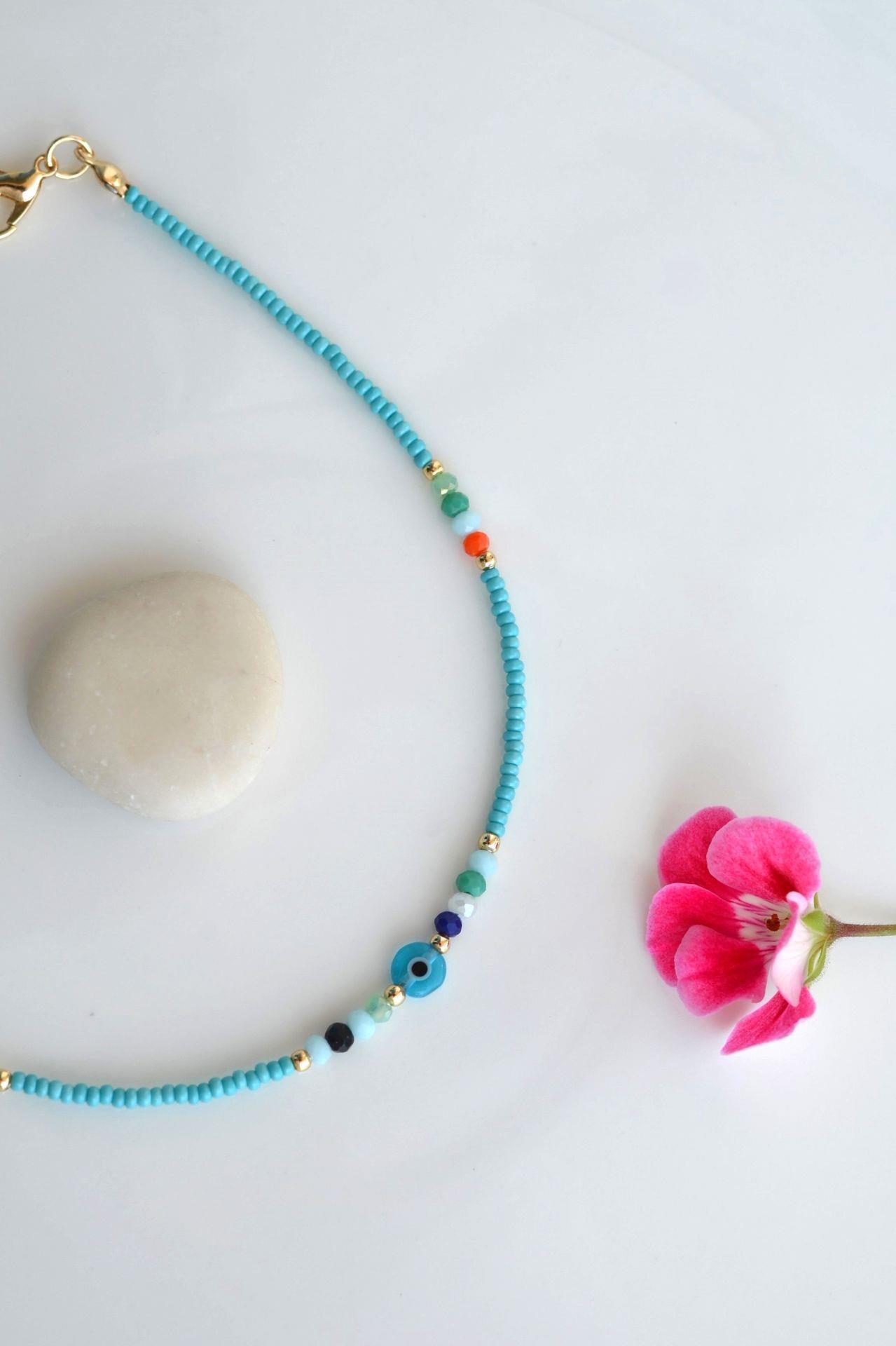 Turquaz Kum Boncuklu Halhal Küçük Nazar Boncuklu Halhal