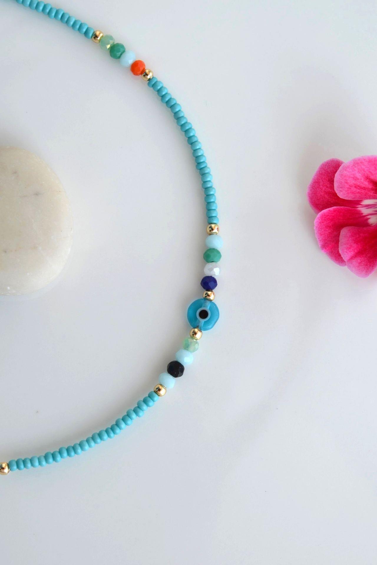 Turquaz Kum Boncuklu Halhal Küçük Nazar Boncuklu Halhal