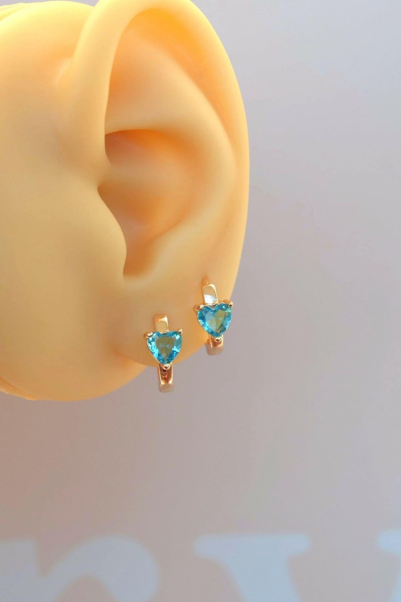 Turquaz Mavi Kalp Taşlı Mini Halka Küpe