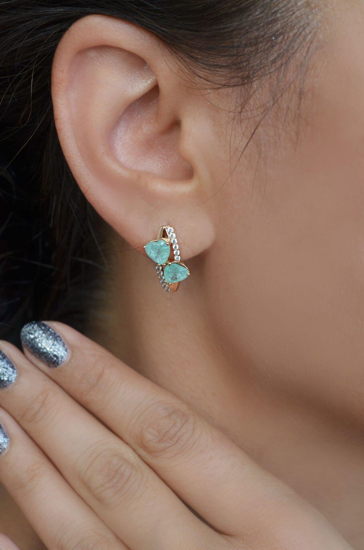 Turquaz Yeşil Opal Kalp Küpe