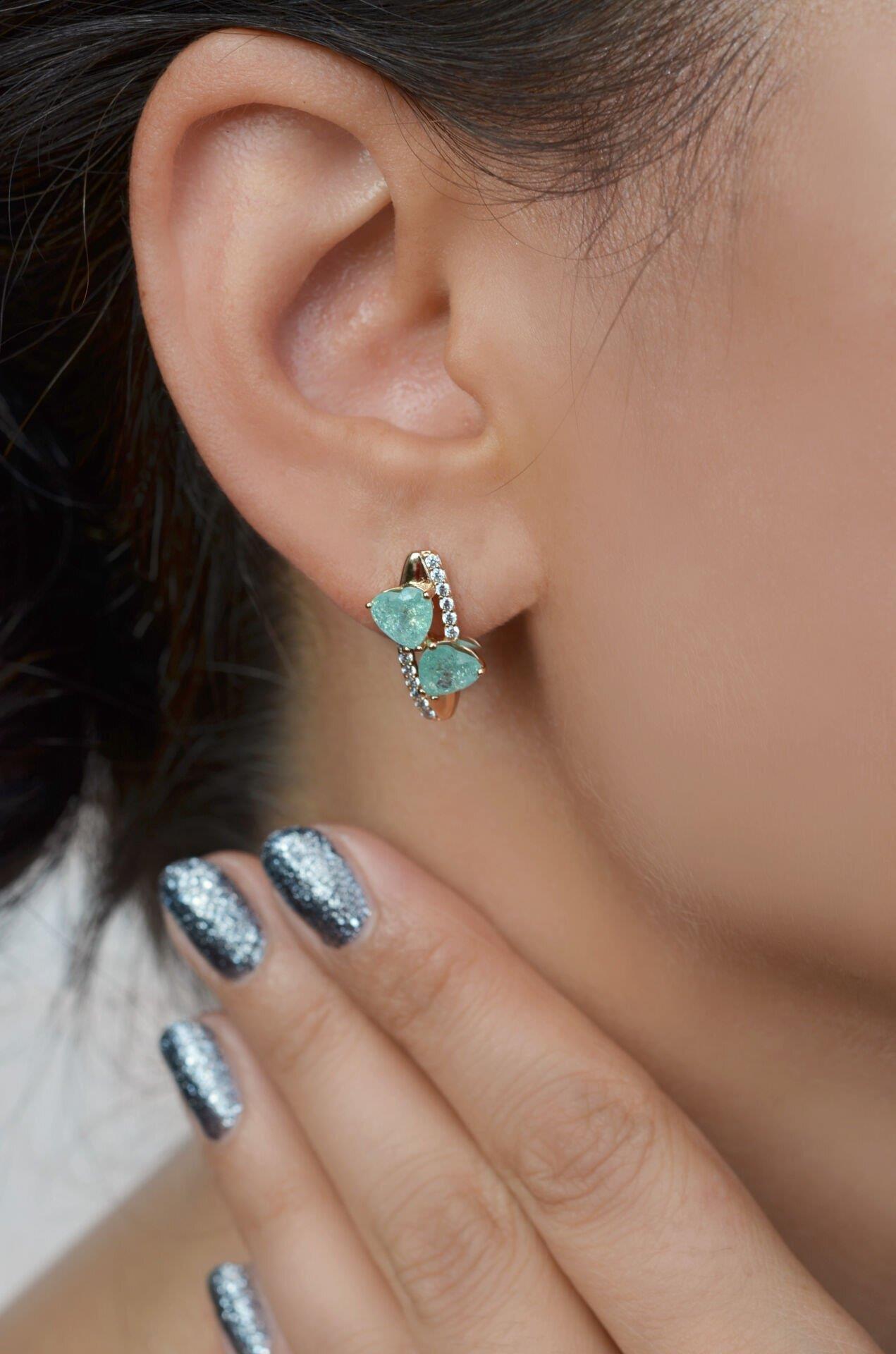 Turquaz Yeşil Opal Kalp Küpe