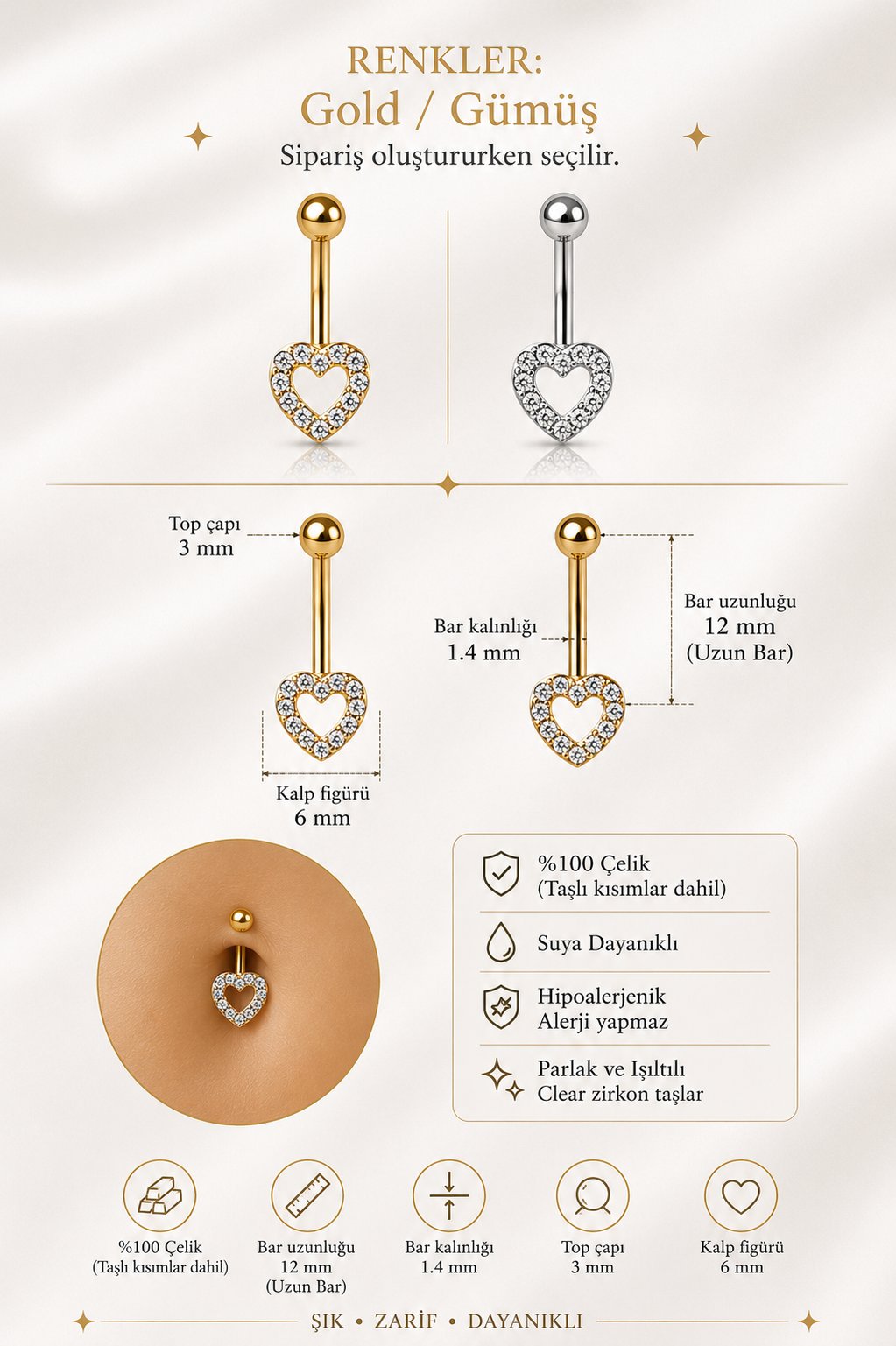 Uzun Bar Kalp Figürlü Göbek Piercingi %100 Çelik 12 mm