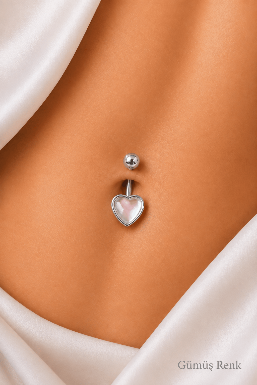 Yansımalı Taşlı Kalp Model Çelik Göbek Piercingi Hafif Minimal
