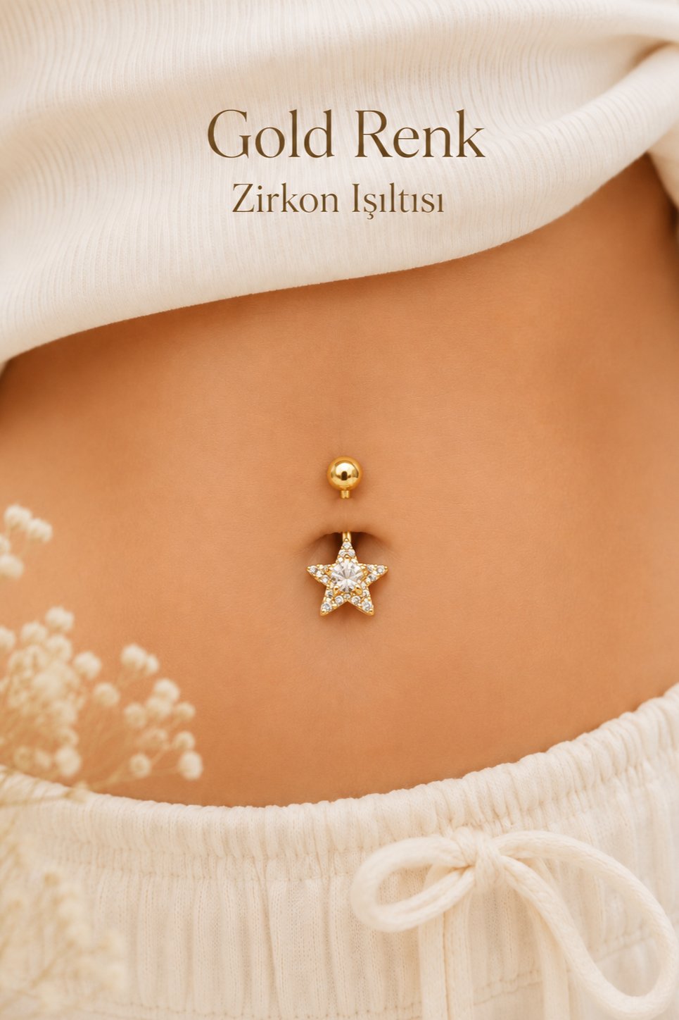Yıldız Model Göbek Piercingi Yıldızlı Çelik Gold
