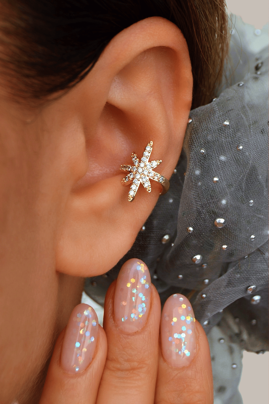 Zirkon Gold Kuzey Yıldızı Sıkıştırmalı Kıkırdak Küpesi Earcuff