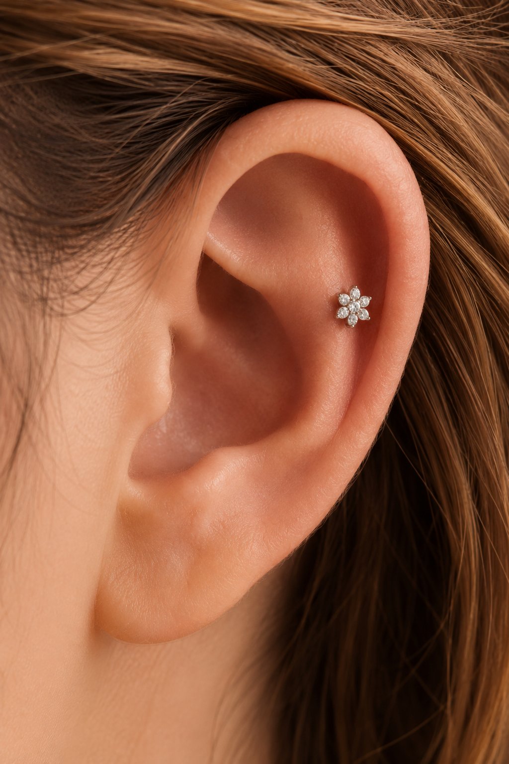 Zirkon Taşlı Çiçek Piercing 316L Çelik Barlı