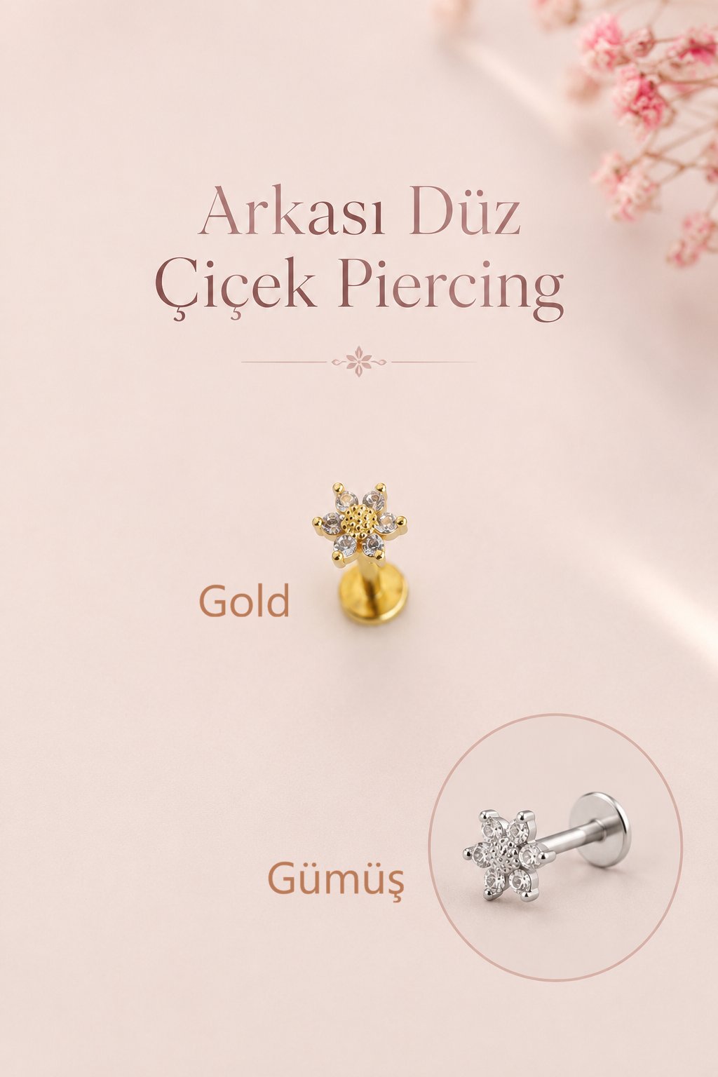 Zirkon Taşlı Çiçek Piercing 316L Çelik Barlı