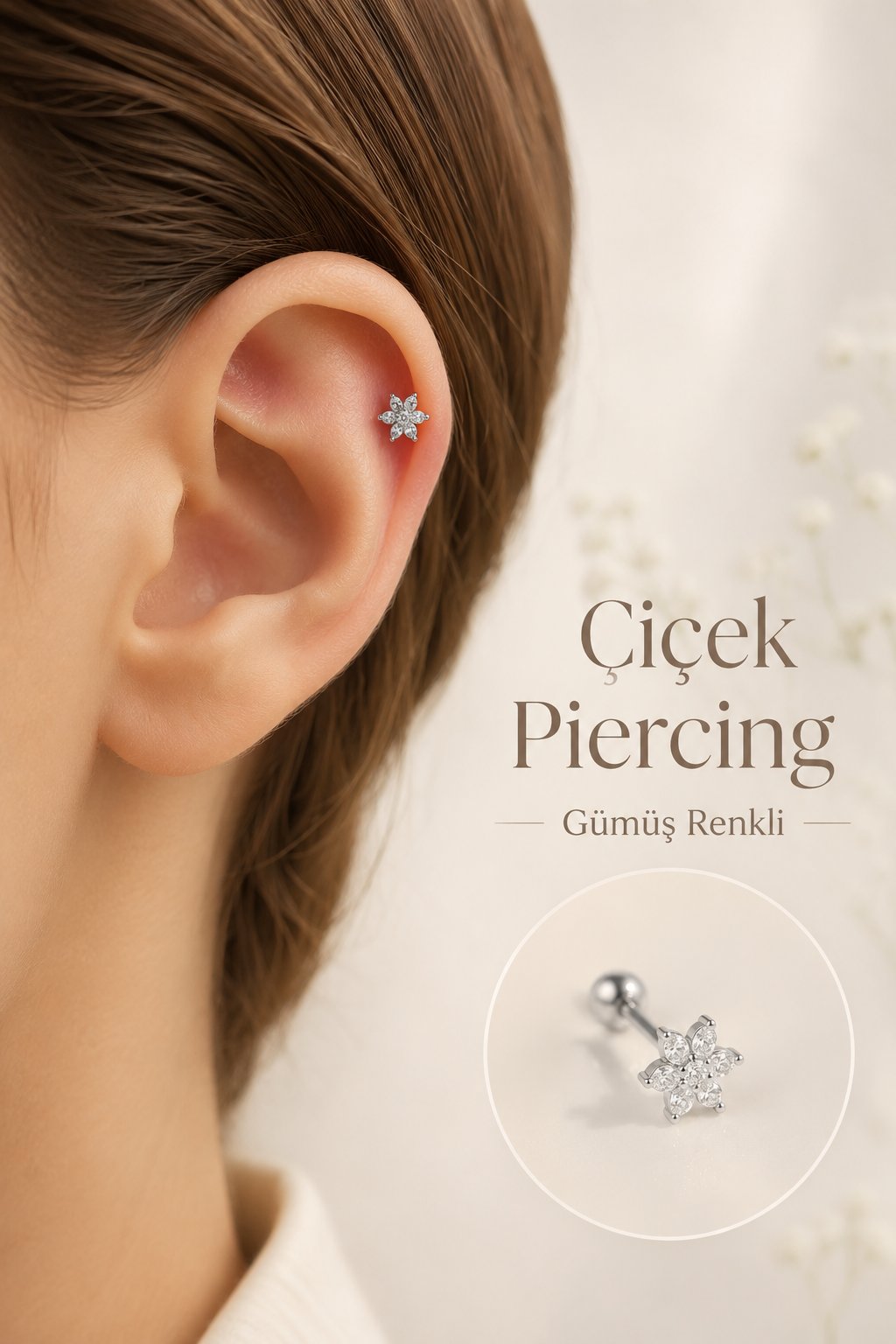Zirkon Taşlı Çiçek Piercing Gümüş Renk Helix Kıkırdak Lob Küpesi Tek Adet