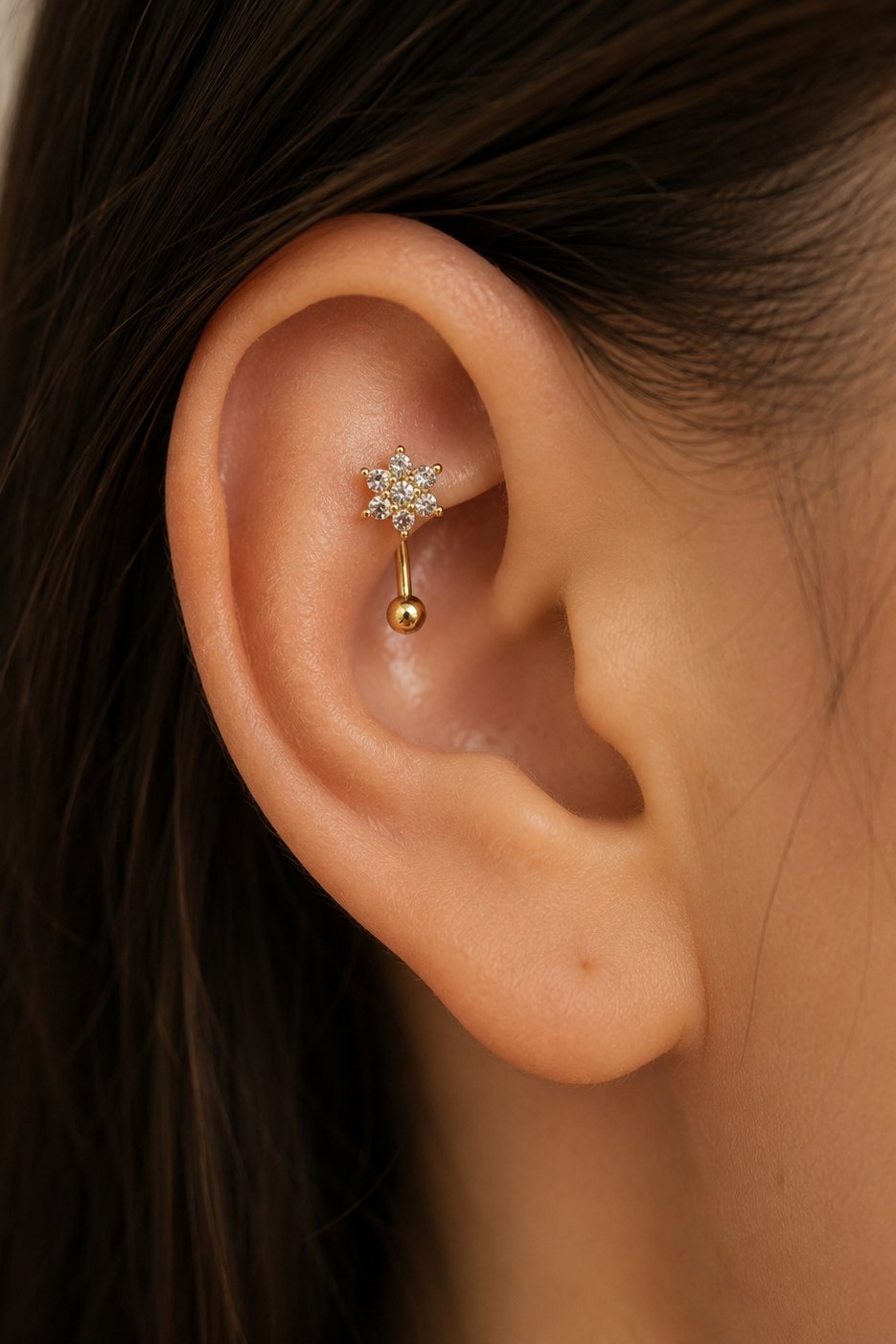 Zirkon Taşlı Çiçek Rook Piercing Çelik Bar 1.2 mm
