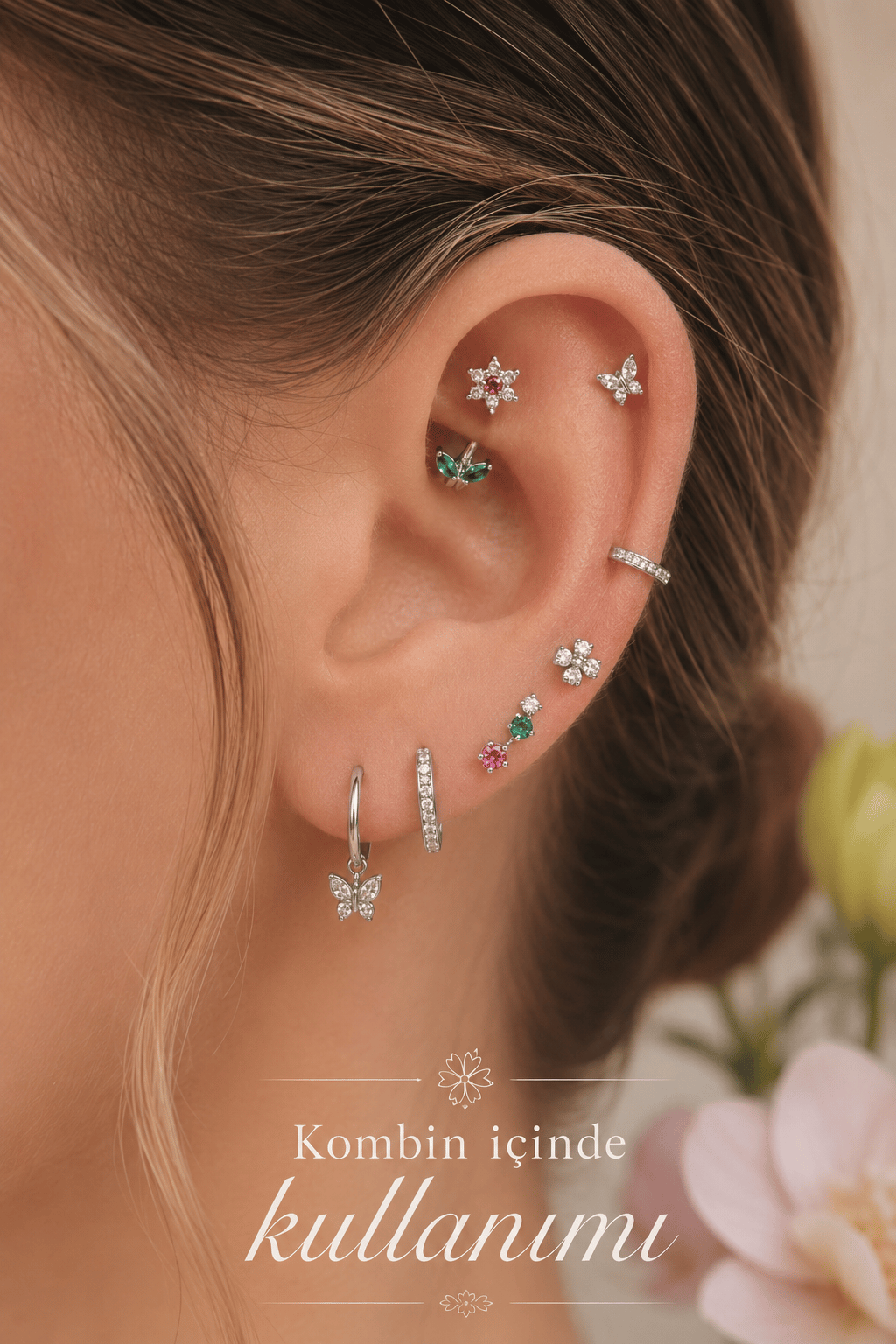 Zirkon Taşlı Çiçek Yaprak Rook Piercing Helix Kaş Kıkırdak Tragus 1.2 mm