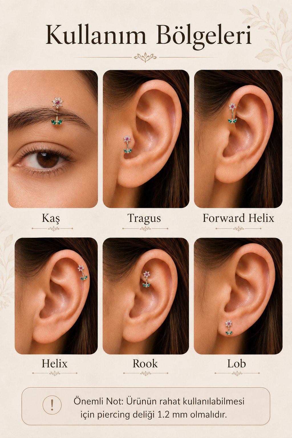 Zirkon Taşlı Çiçek Yaprak Rook Piercing Helix Kaş Kıkırdak Tragus 1.2 mm